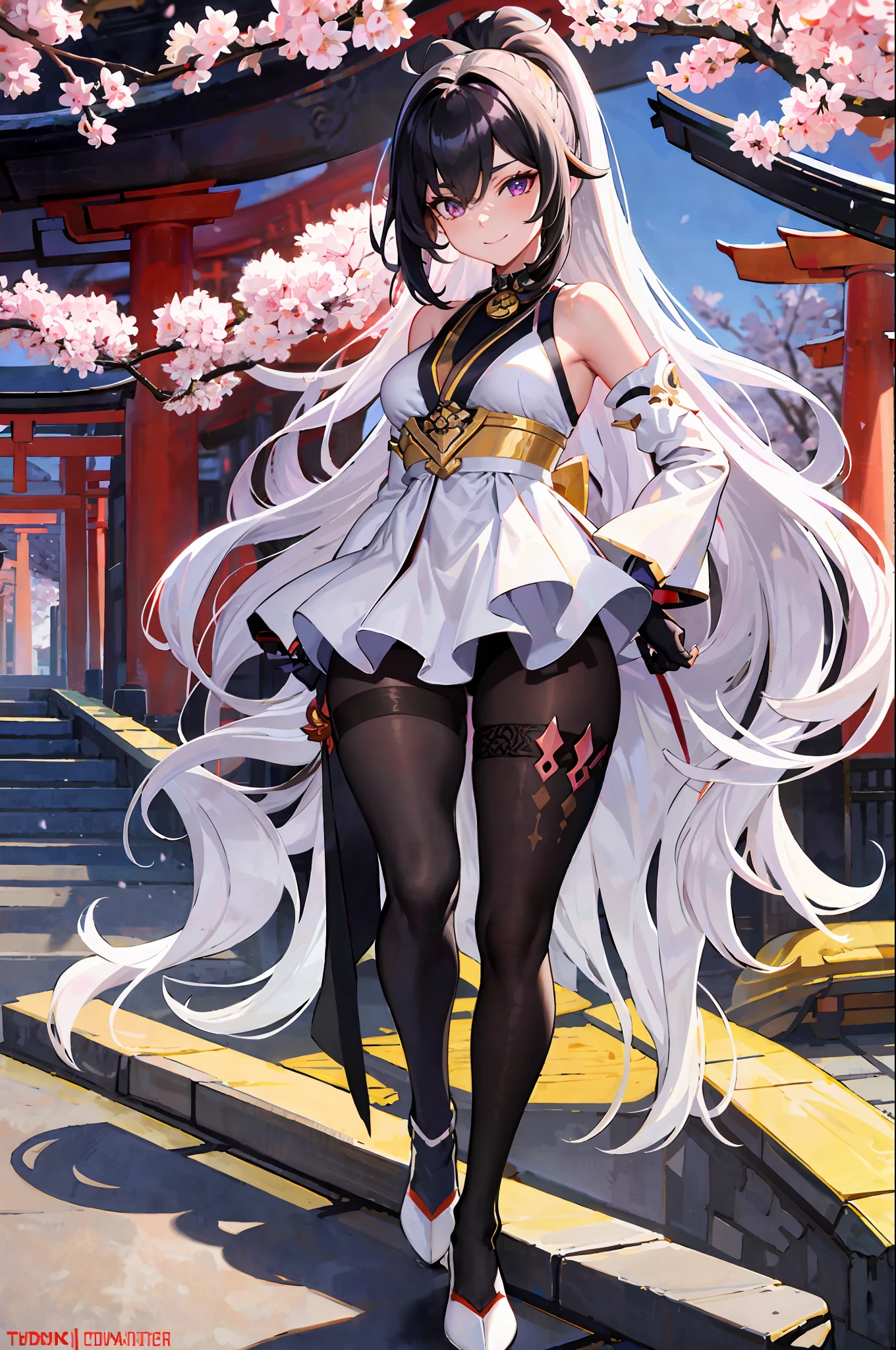 masterpiece, best quality, highres, 1girl, black hair, long hair, very long hair, ponytail, bangs, hair between the eyes, sidelocks, ahoge, purple eyes, collar, highlighted collar, white collar, bare shoulders, pantyhose, black tights, bodystocking, bodystocking under clothes, pelvic drape, highlighted sleeves, white sleeves, long sleeves, gold trim, mid breasts, gloves, black gloves, tape, leg tape, ankle tape, white footwear , view (genshin impact), outdoors, (East Asian architecture, cherry blossoms, torii, multiple torii, stairs), standing, arms on hips, smile, looking at viewer,
