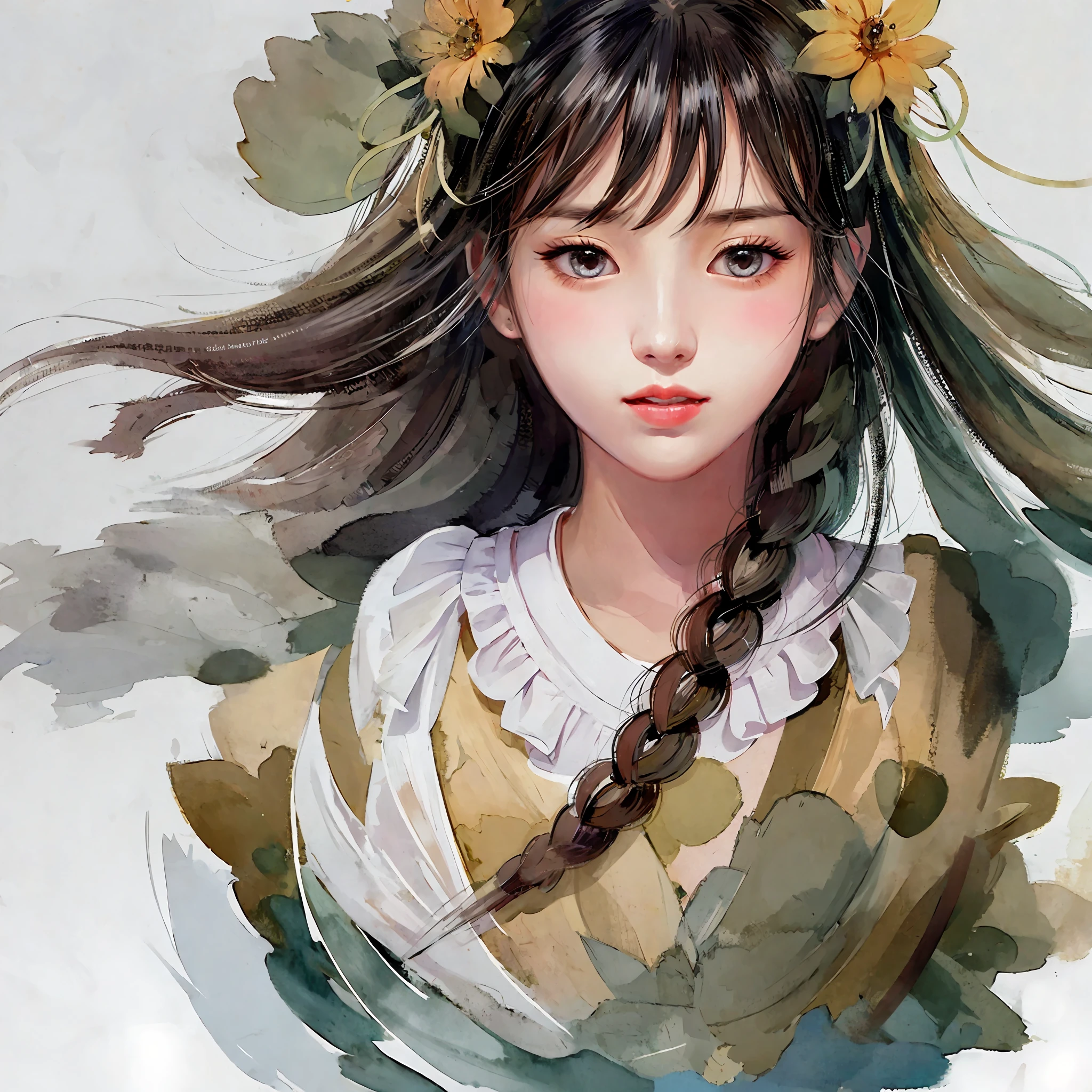 stechu,(white background:1.4), ((tachi-e)), original,(illustration:1.1),(best quality),(masterpiece:1.1),(extremely detailed CG unity 8k wallpaper:1.1), (colorful:0.9),(panorama shot:1.4),(solo:1.2), (ink splashing),(color splashing),((watercolor)), clear sharp focus,{ 1girl standing },((korean style )),flower background,outdoors,rocks, looking at viewer, make happy expressions,soft smile,pure,beautyfull detailed face and eyes,beautyfull intricacy clothing decorative pattern details, black hair,black eyes,colorwater