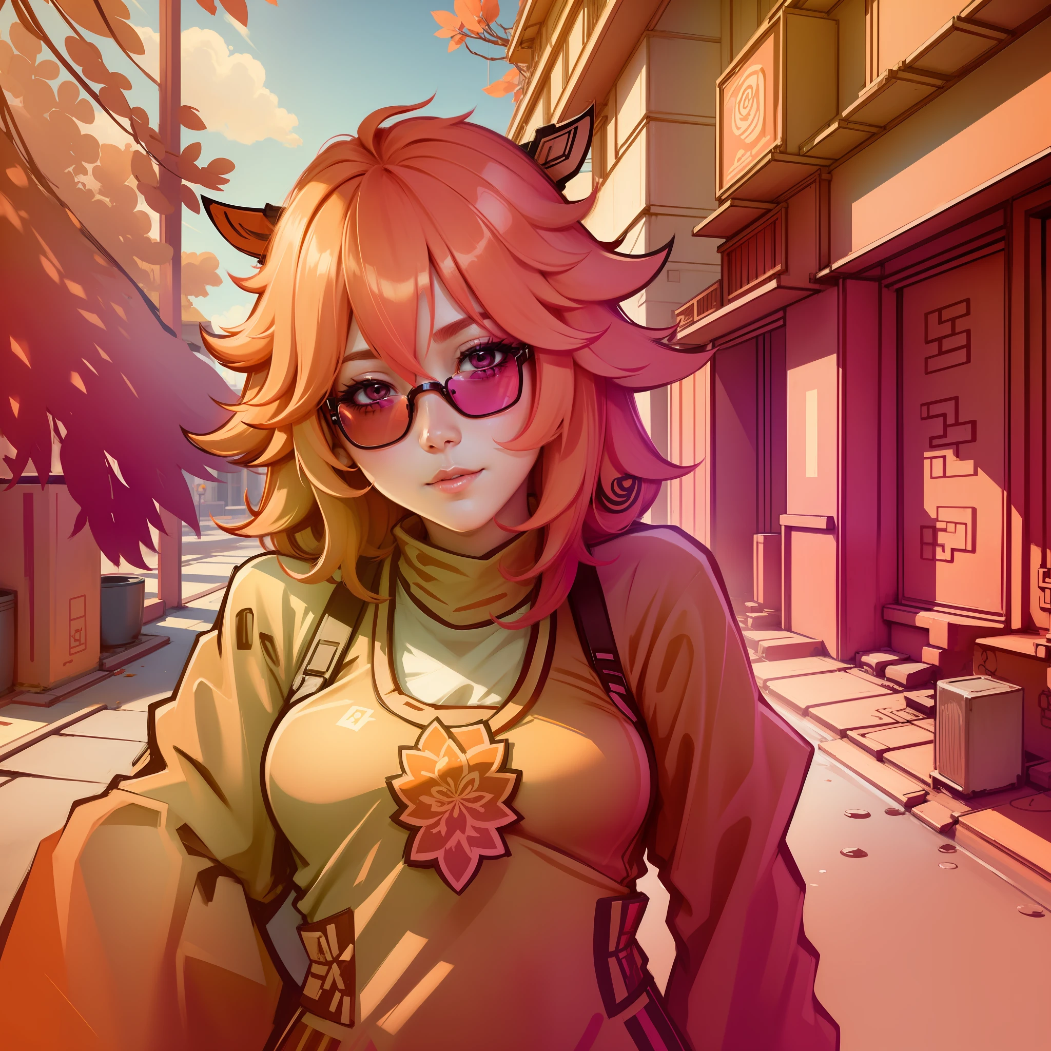 yae miko, Pink hair, a girl wearing trendy orange sunglasse, with an orange background , portrait
