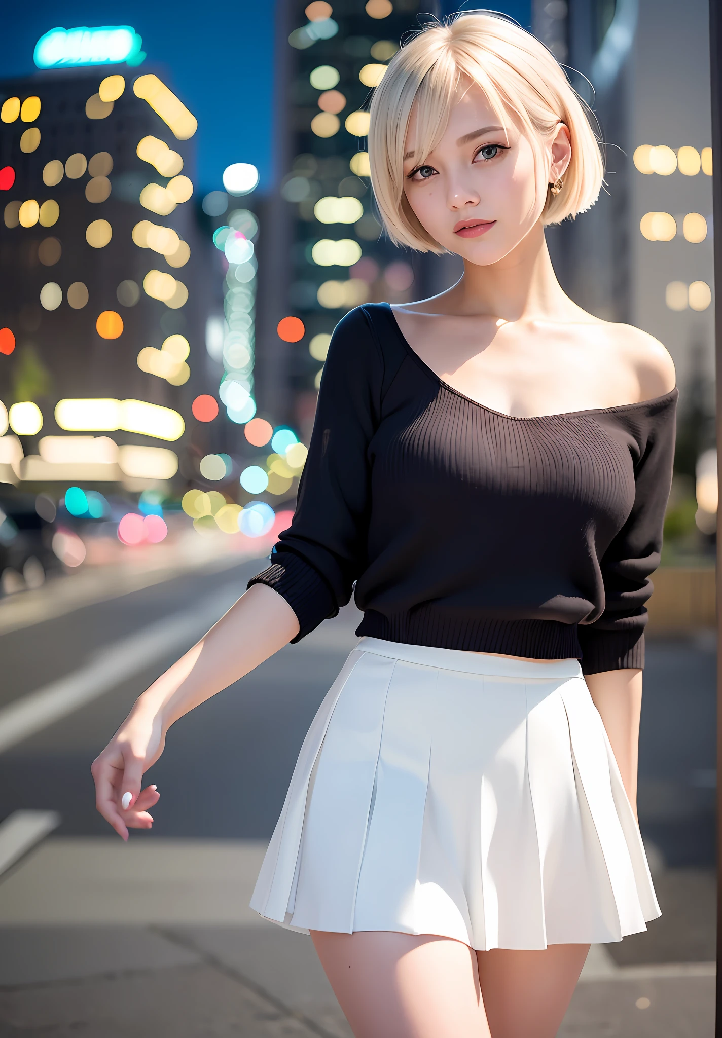 (Photorealistic: 1.4), (Platinum Shorthair: 0.8), (Puffy Eyes), (Realistic, Photorealistic: 1.37), (Medium View: 1.5), (Half Body), Girl, Mature 19 years old, Top Quality, Ultra High Definition, Night, Buildings Background, Golden Hour Lighting, Model, Red Lip, Big Breasts, White Short Shirt, white pleated skirt, smile, slim,
