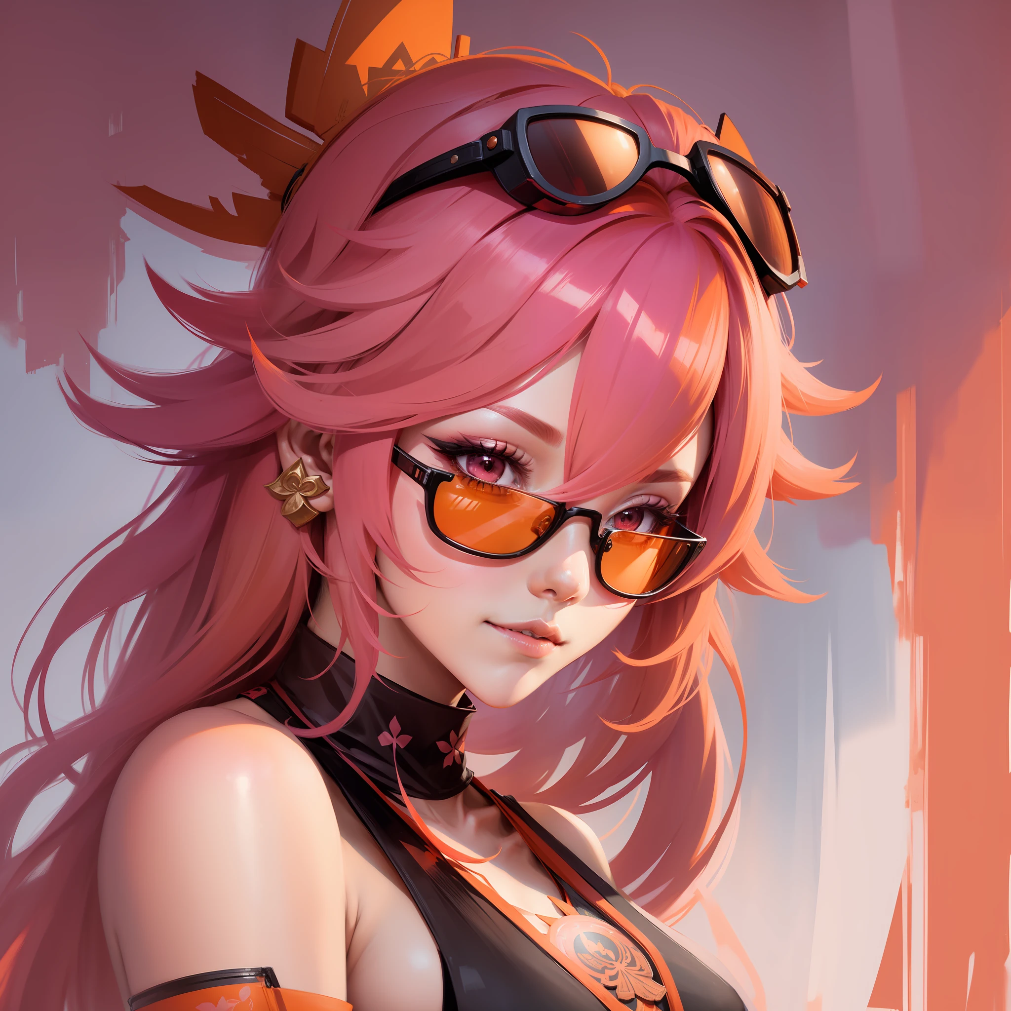 yae miko, Pink hair, a girl wearing trendy orange sunglasse, with an orange background , portrait