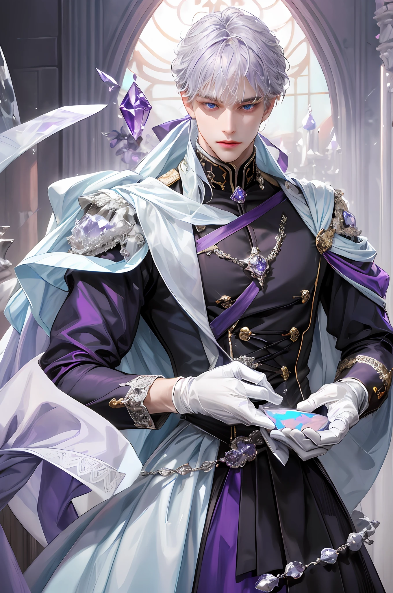 Prince, Young Man, male, 1boy, mature male, manly, purple blood, purple decoration, crystal, gemstone, shine, shiny crystal, depicting delicate eyes, opal eyes, depicting delicate facial features, white uniform, extreme multiplication, exquisite and complex design, white gloves, gothic style, gorgeous aristocratic dress, purple blood, ribbon, crown of thorns, gray hair, extreme detail, delicate depiction, light blue eyes, all colors except purple are low saturation, Only purple is the most conspicuous, royal, elegant, noble, royal dress