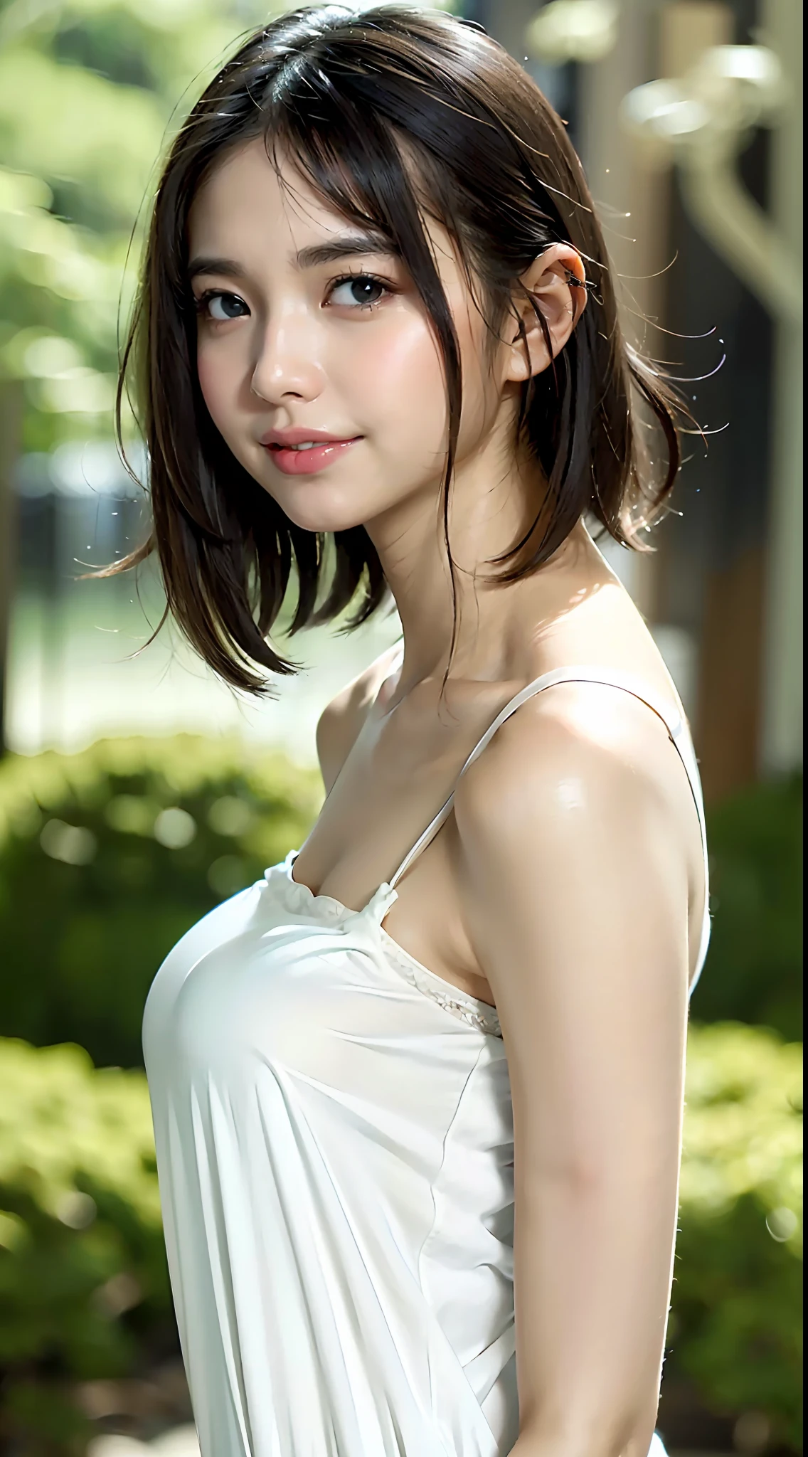 (cowboy Shot, from side, white and simple camisole, short hair, gigantic breastss, arms behind back, standing:1.4),
(masterpiece, best quality, highly detailed, absurdres, RAW photo, ultra high resolution: 1.4),
Highly detailed face and skin texture, Detailed eyes, Sharp focus, One girl, White skin, Real human skin, Oval face, Pore, Gentle and goddess-like eyes,
Lip gloss, Eyelashes, Gloss face, Wide lighting, Natural shading, Small waist, slender body, smile, Sagged eyes, Double eyelids, at park