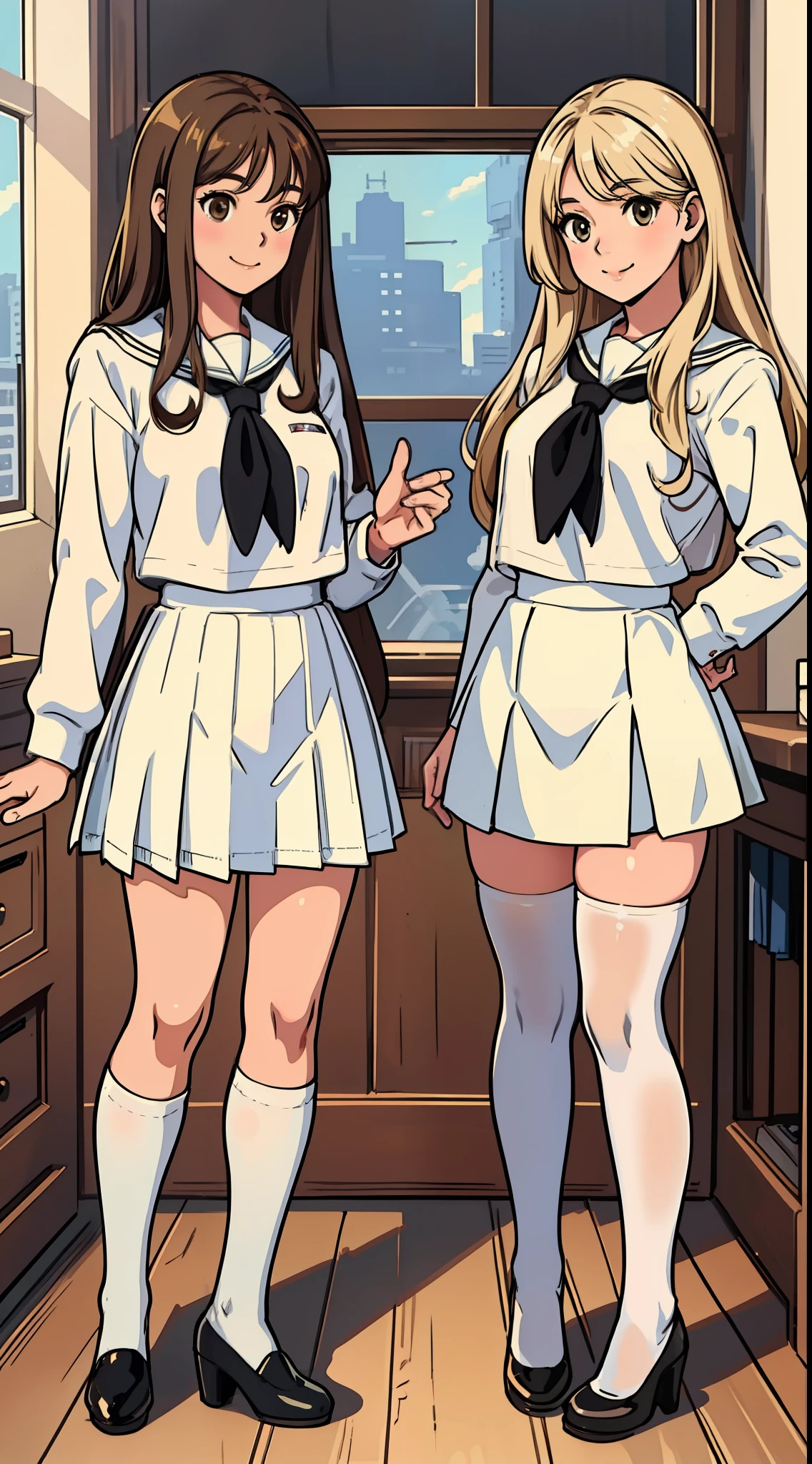 perfect anime illustration, age girls, medium breasts, 2girls, (((1 blonde girl, 1 brown haired girl))), same age sisters, rich sexy schoolgirls, brown hair, blonde hair, curly hair, long hair, different hair colors, hazel eyes, smiling, white skin, (((school uniform, white thigh high socks, black high heels))), matching outfits, highres, bedroom, full body, posing