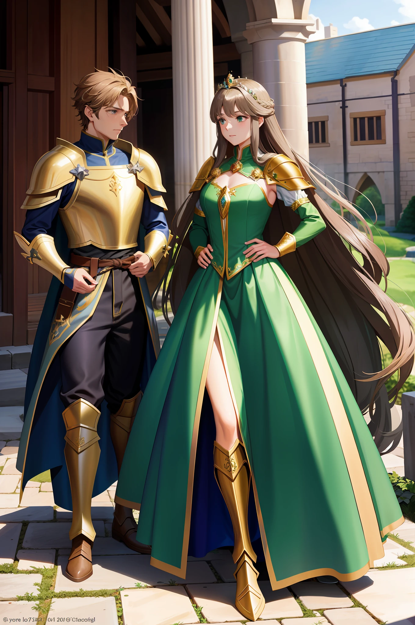 A princess talking to a knight in armor. The princess's hair is dark brown, green eyes, masterpiece, elegant pose, green dress, golden cape, long boots, crown, arcane magic, mage of elements, medieval castle with beautiful architecture, medieval atmosphere, anime, woman, Asian