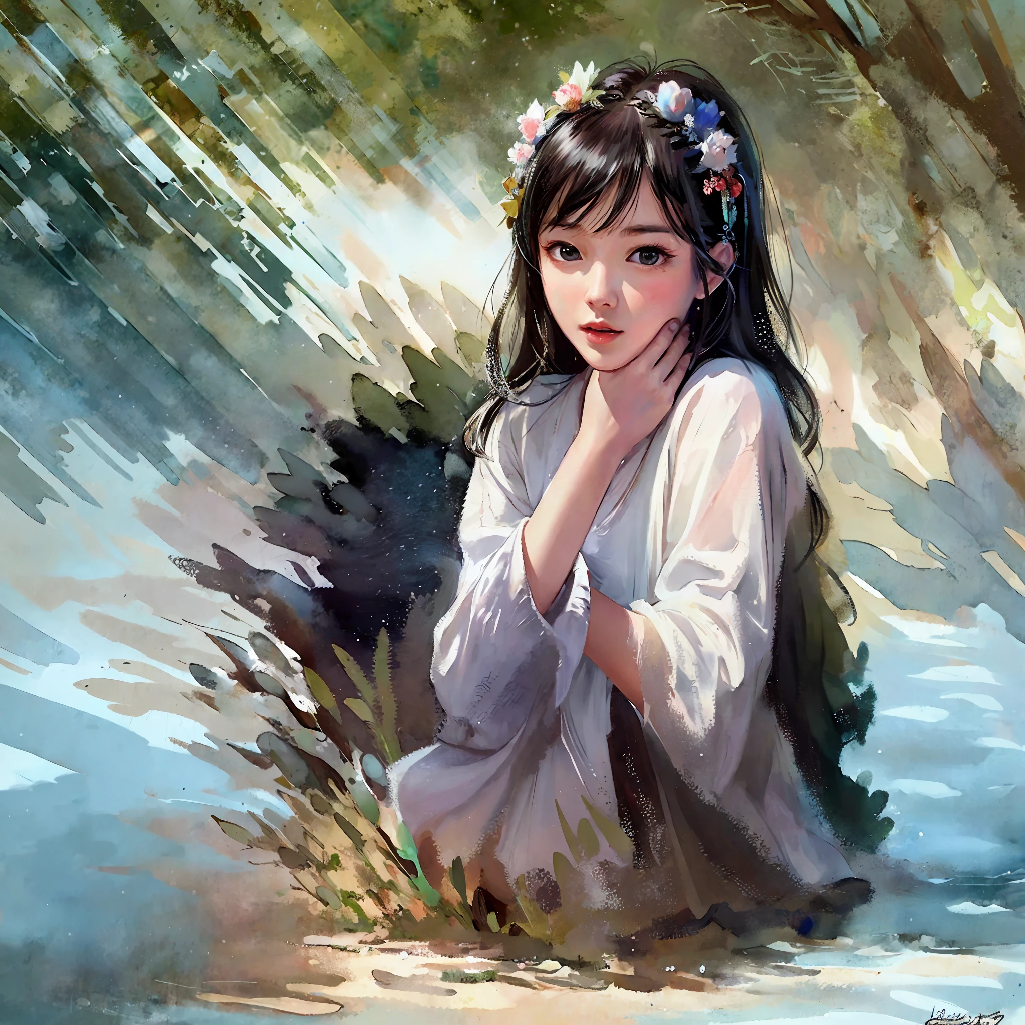 stechu,(white background:1.4), ((tachi-e)), original,(illustration:1.1),(best quality),(masterpiece:1.1),(extremely detailed CG unity 8k wallpaper:1.1), (colorful:0.9),(panorama shot:1.4),(solo:1.2), (ink splashing),(color splashing),((watercolor)), clear sharp focus,{ 1girl standing },((korean style )),flower background,outdoors,rocks, looking at viewer, make happy expressions,soft smile,pure,beautyfull detailed face and eyes,beautyfull intricacy clothing decorative pattern details, black hair,black eyes,colorwater
