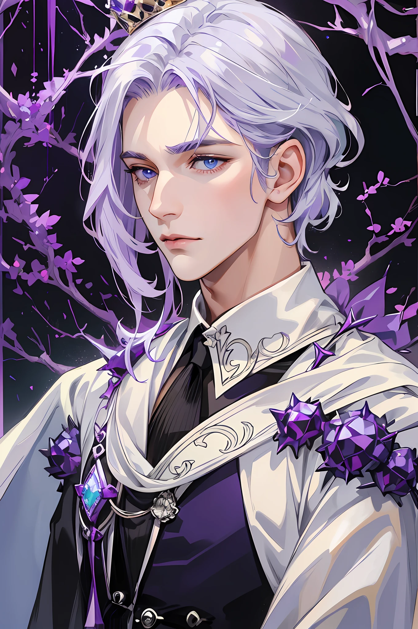 Prince, Young Man, male, 1boy, mature male, manly, purple blood, purple decoration, crystal, gemstone, shine, shiny crystal, depicting delicate eyes, opal eyes, depicting delicate facial features, white uniform, extreme multiplication, exquisite and complex design, white gloves, gothic style, gorgeous aristocratic dress, purple blood, ribbon, crown of thorns, gray hair, extreme detail, delicate depiction, light blue eyes, all colors except purple are low saturation, Only purple is the most conspicuous, royal, elegant, noble, royal dress