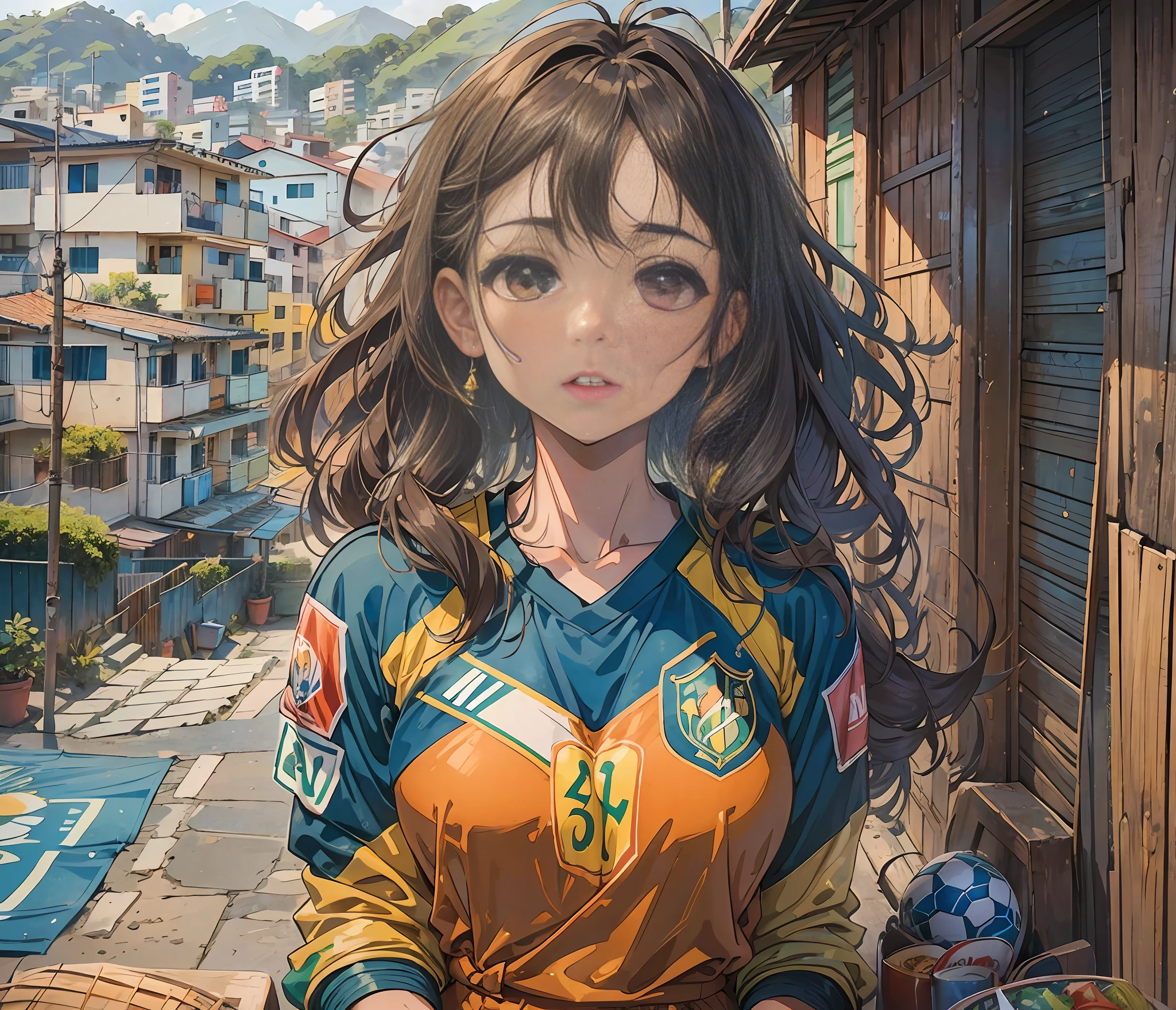1girl, anime girl, beautiful face, latin american beauty, curly hair, tanned skin, ribbon marquee, sitting in the favela watching her friends playing soccer on a clay court, cheering, elegrez.favela, wearing a shirt of the brazilian soccer team, movie scene, cinematic environment, based in rio de janeiro, petty tail- --auto --s2