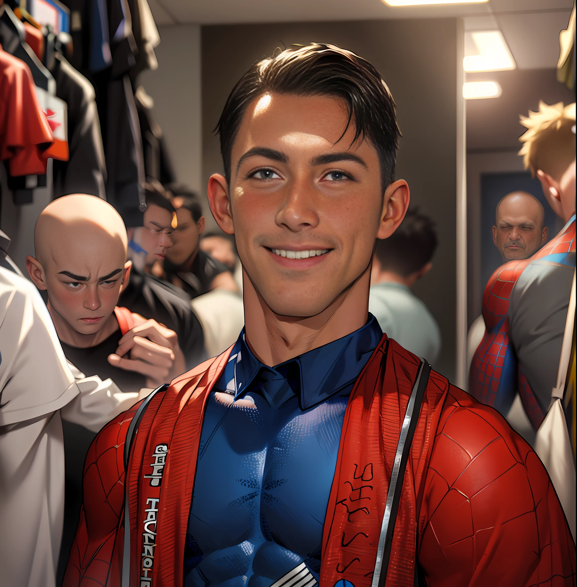 (masterpiece, best quality), 1man, muscular, short hair, brown eyes, complex, (dressing room), full body, wearing Spider-Man costume, bright colors, (depth of field: 1.2), (abs), blushing, looking at the audience, on the floor, spreading legs,