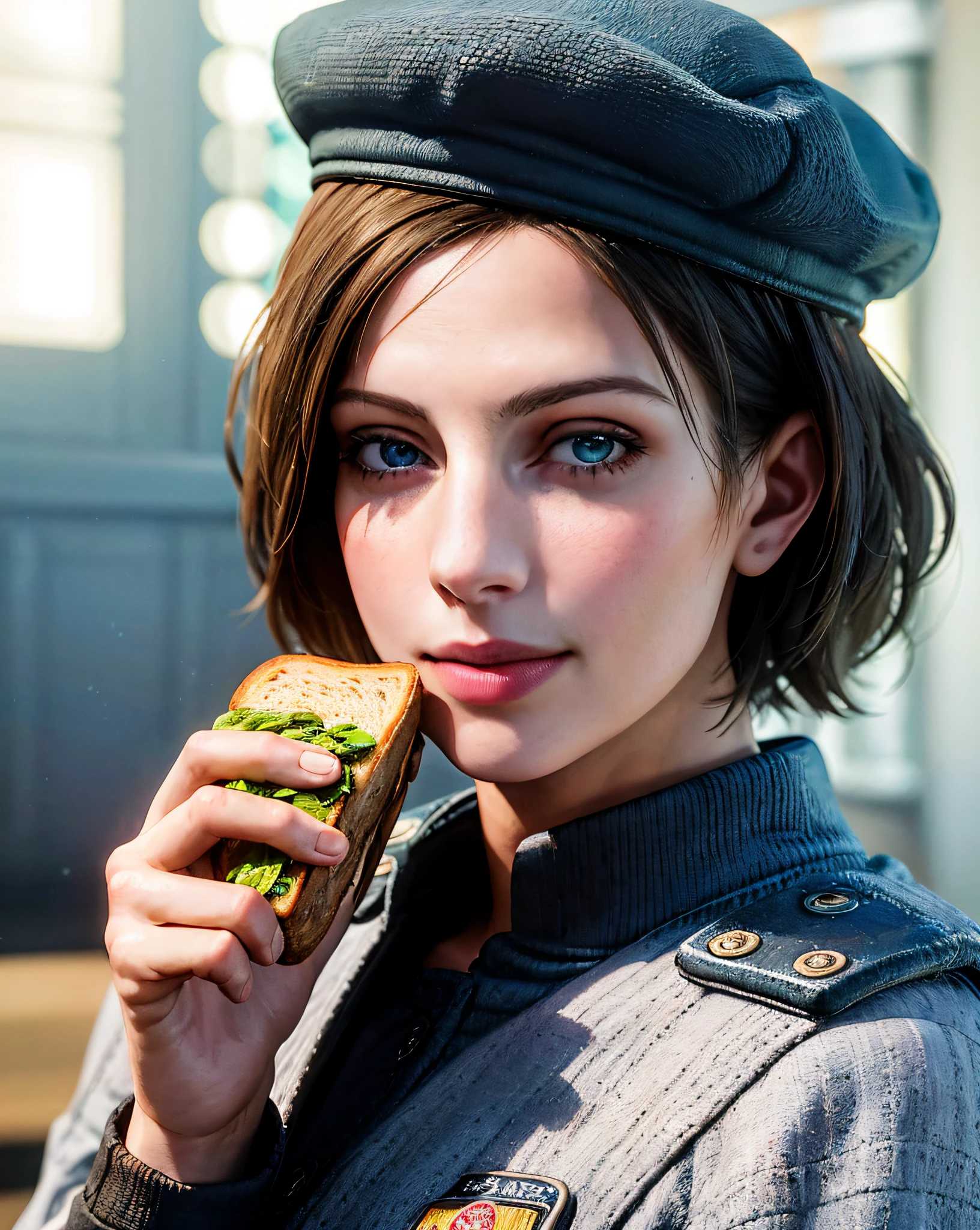 1girl, portrait of jillvoth, eating sandwich, smile, beret, blue military uniform, athletic, volumetric lighting, best quality, masterpiece, intricate details, tonemapping, sharp focus, hyper detailed, trending on Artstation, realistic,