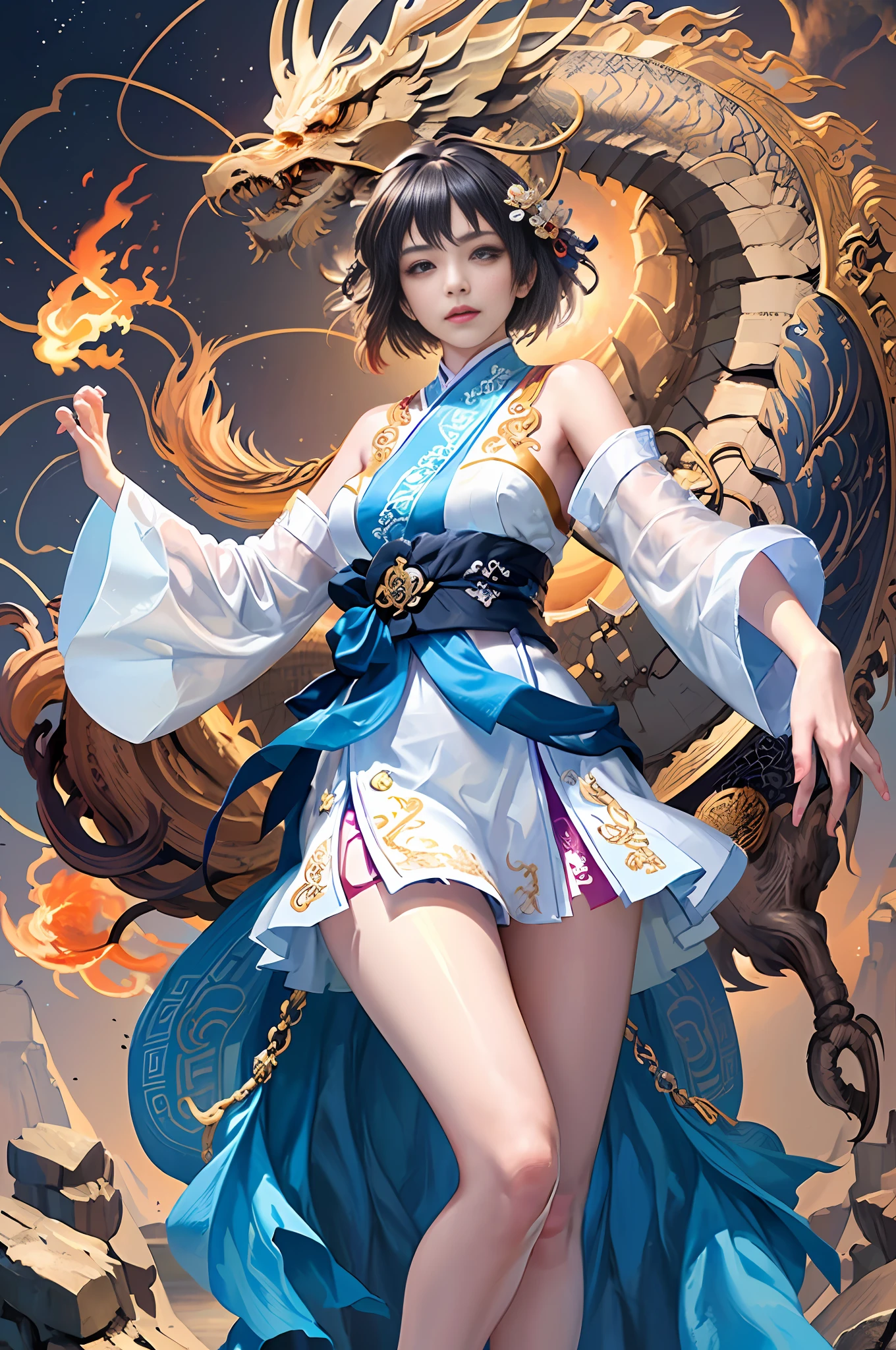 Official Art, Unified 8K Wallpapers, Ultra Detailed, Beautiful and Aesthetic, Masterpiece, Best Quality, (Zentangle, Tangle, Entangle), (fractal art: 1.4), (character center: 1.3), 1girl, black hair, Chinese, off-the-shoulders, short skirt, calf, navel, very detailed, dynamic angle, cowboyshot, (most beautiful form of chaos), ethereal, (bright colors), oc, (half: 1.2), china, (thangka flying sky: 1.5), (ribbon: 1.3), (dream: 1.5), (hanfu: 1.5), Chinese dragon, Chinese phoenix, (smile: 0.5), ( Chinese deities),