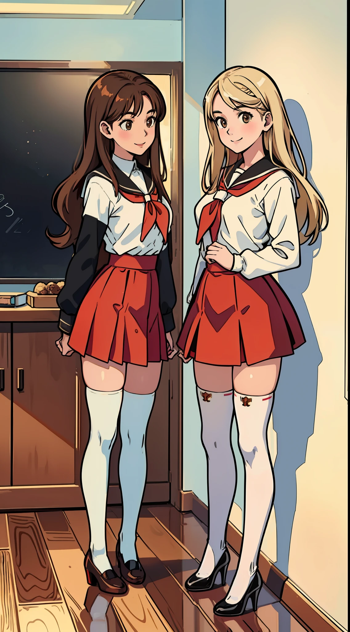 perfect anime illustration, age girls, medium breasts, 2girls, (((1 blonde girl, 1 brown haired girl))), same age sisters, rich sexy schoolgirls, brown hair, blonde hair, curly hair, long hair, different hair colors, hazel eyes, smiling, white skin, (((red school uniform, white thigh high socks, black high heels))), matching outfits, highres, classroom, full body, posing