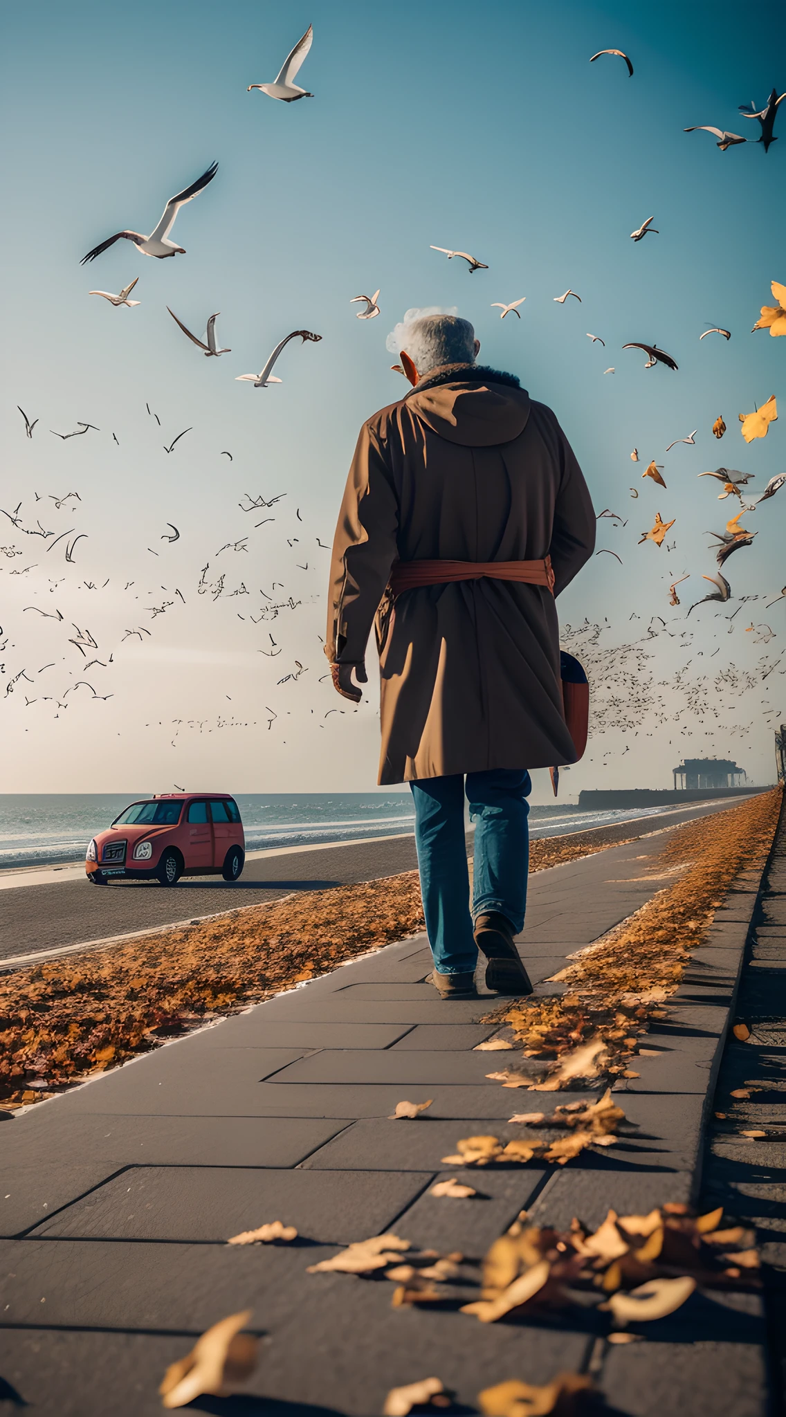 Lonely traveler, an old man, walking by the sea, windswept, fallen leaves, seagulls, vehicles passing by