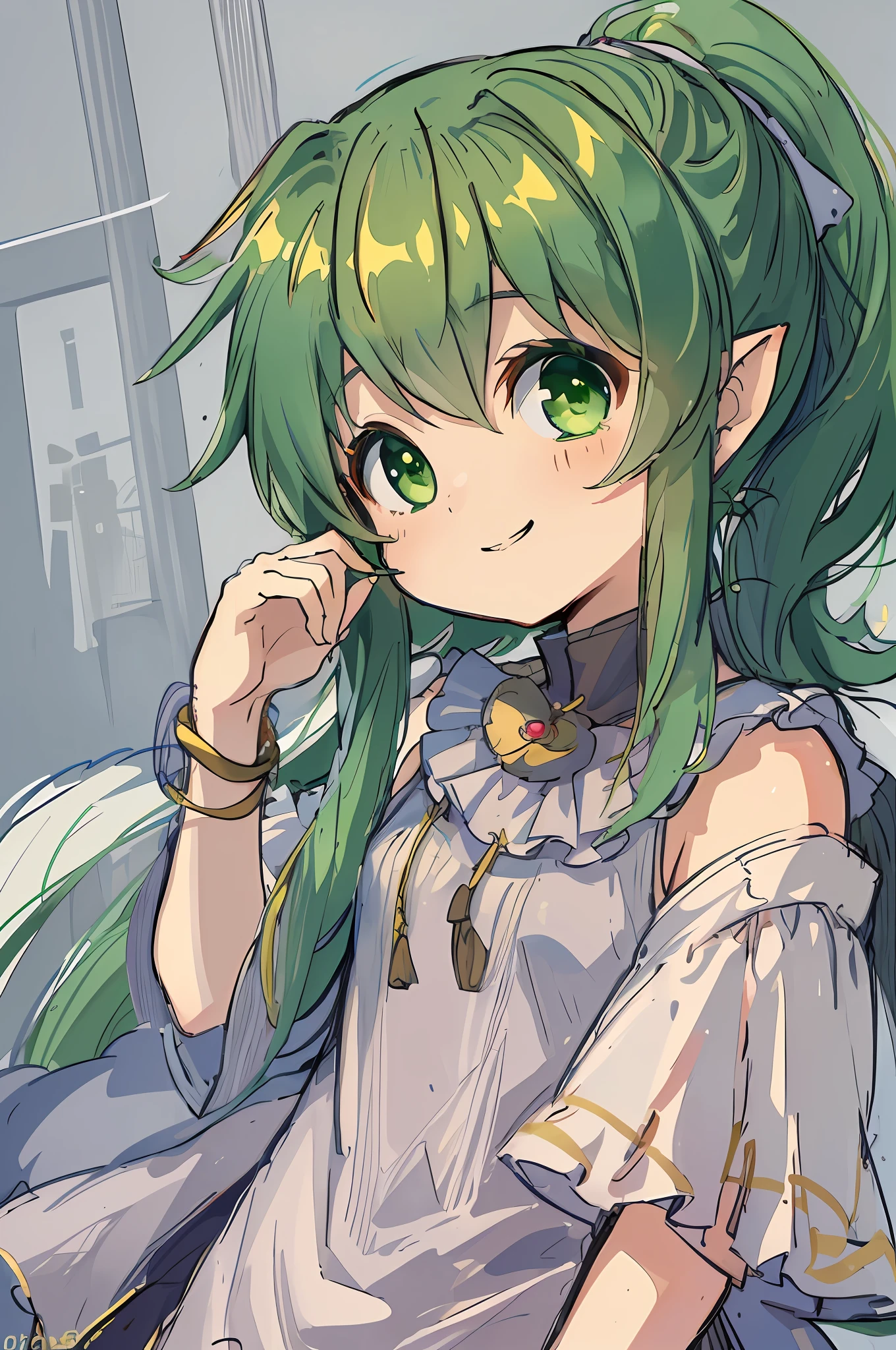 (masterpiece, top quality; 1.3), 1 girl, solo, watch viewer, yTiki_fe, upper_body, view straight on, arm_support, green hair, pastel colors, painting medium, , light smile, ponytail, light color, thin, child, loli, juvenile, chibi, small, frontal, niccoli,