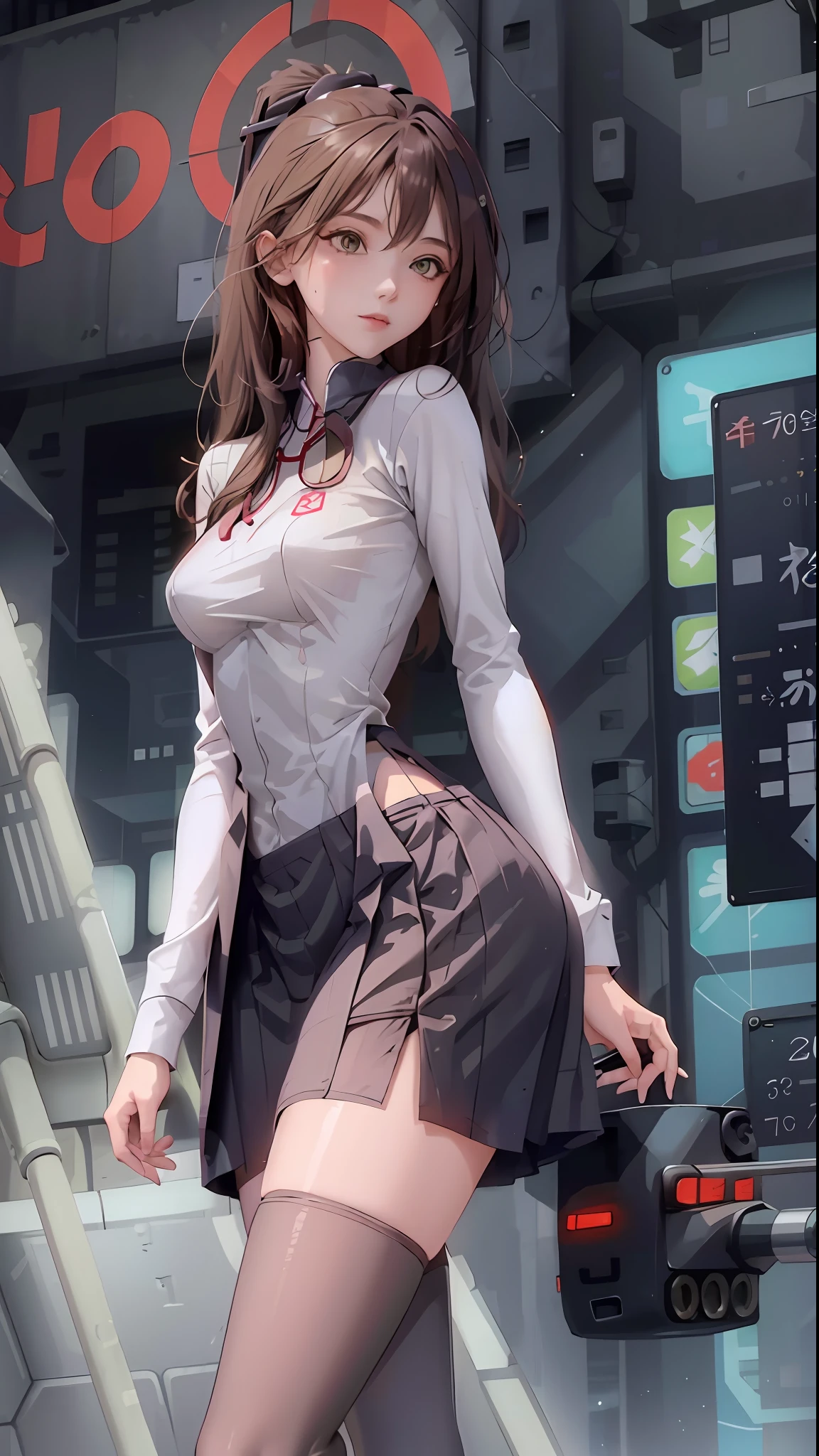 Woman body definition cybernetic body parts, thin waist, stockings, long skirt, mechanical