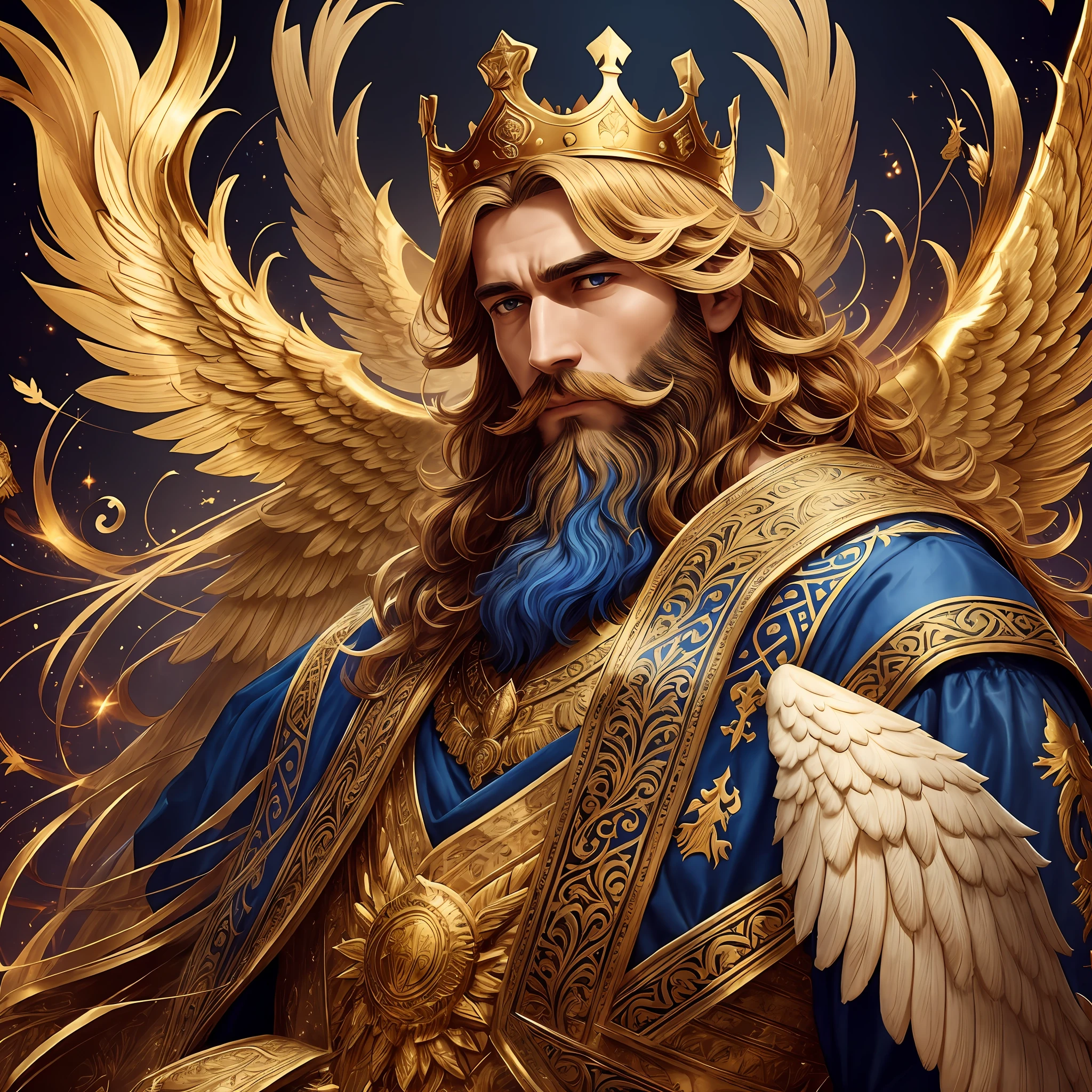 he is a king and a god, your crown have angel wings. Your noble clothes are royal blue and gold, and a symbol of your house is a giant golden phoenix.
He have a gently face and a large beard. --auto --s2