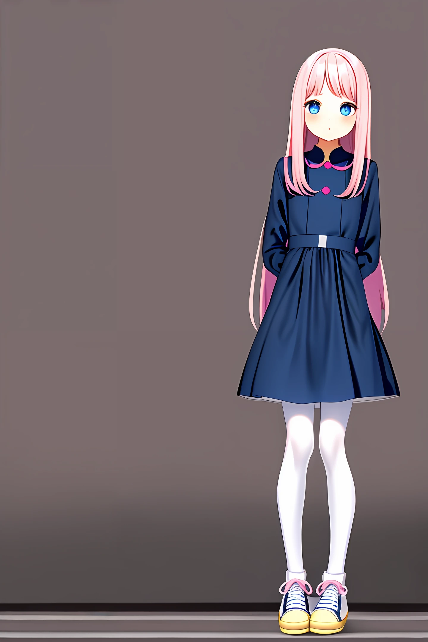 Child girl long pink hair, strong dark blue eyes, navy blue dress, white tights, yellow "doll" sneakers