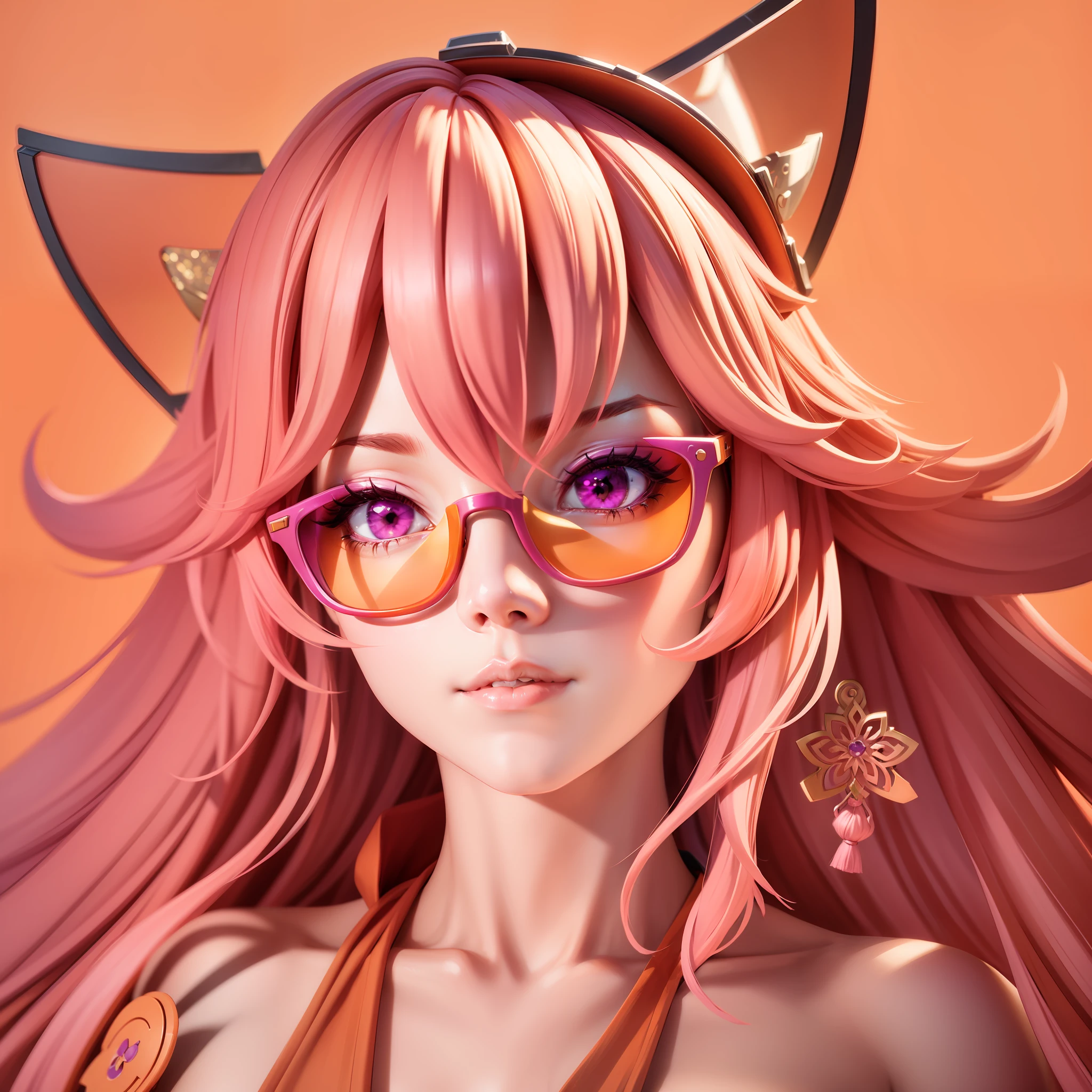 yae miko, Pink hair, purple eyes, a girl wearing trendy orange sunglasses, with an orange background, portrait