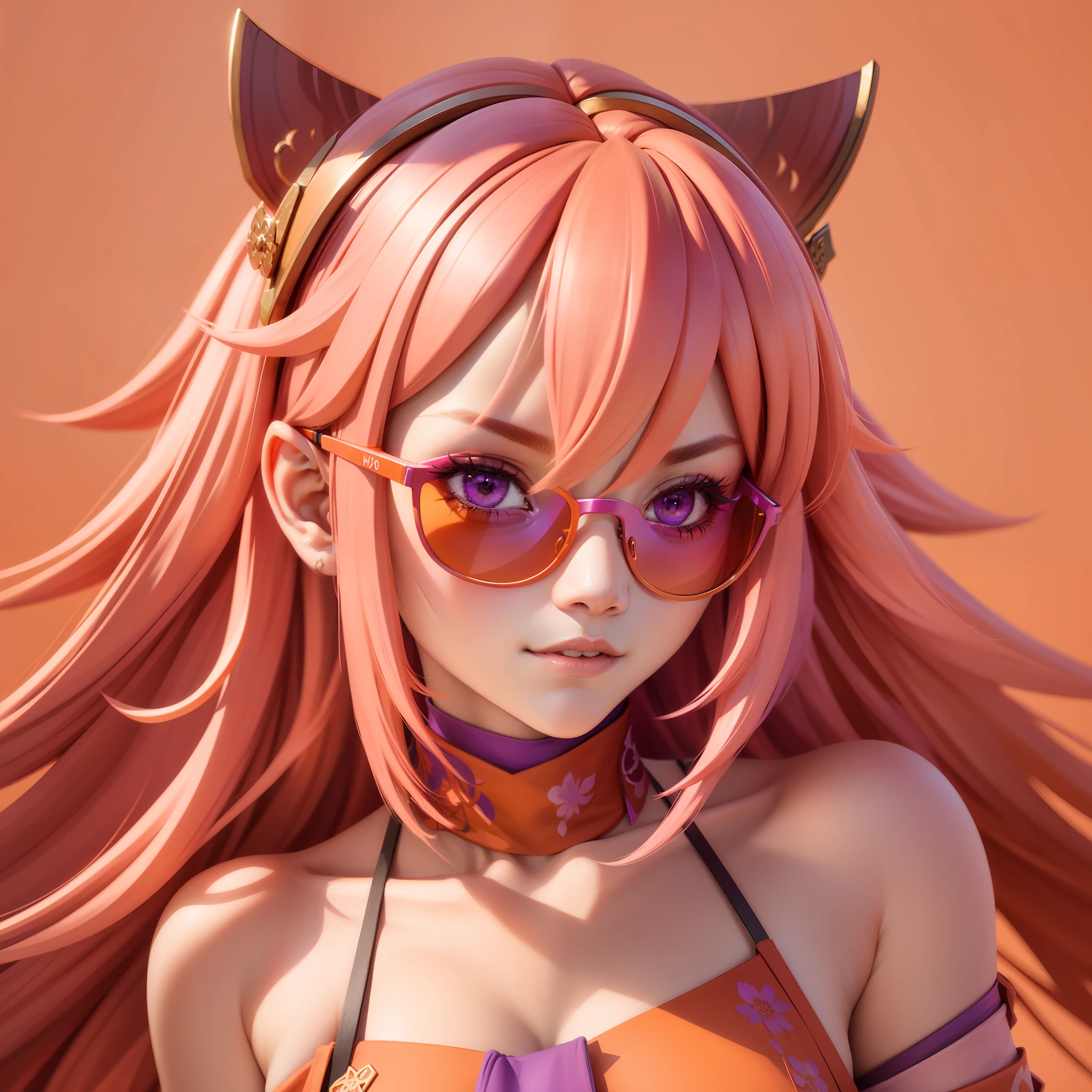 yae miko, Pink hair, purple eyes, a girl wearing trendy orange sunglasses, with an orange background, portrait