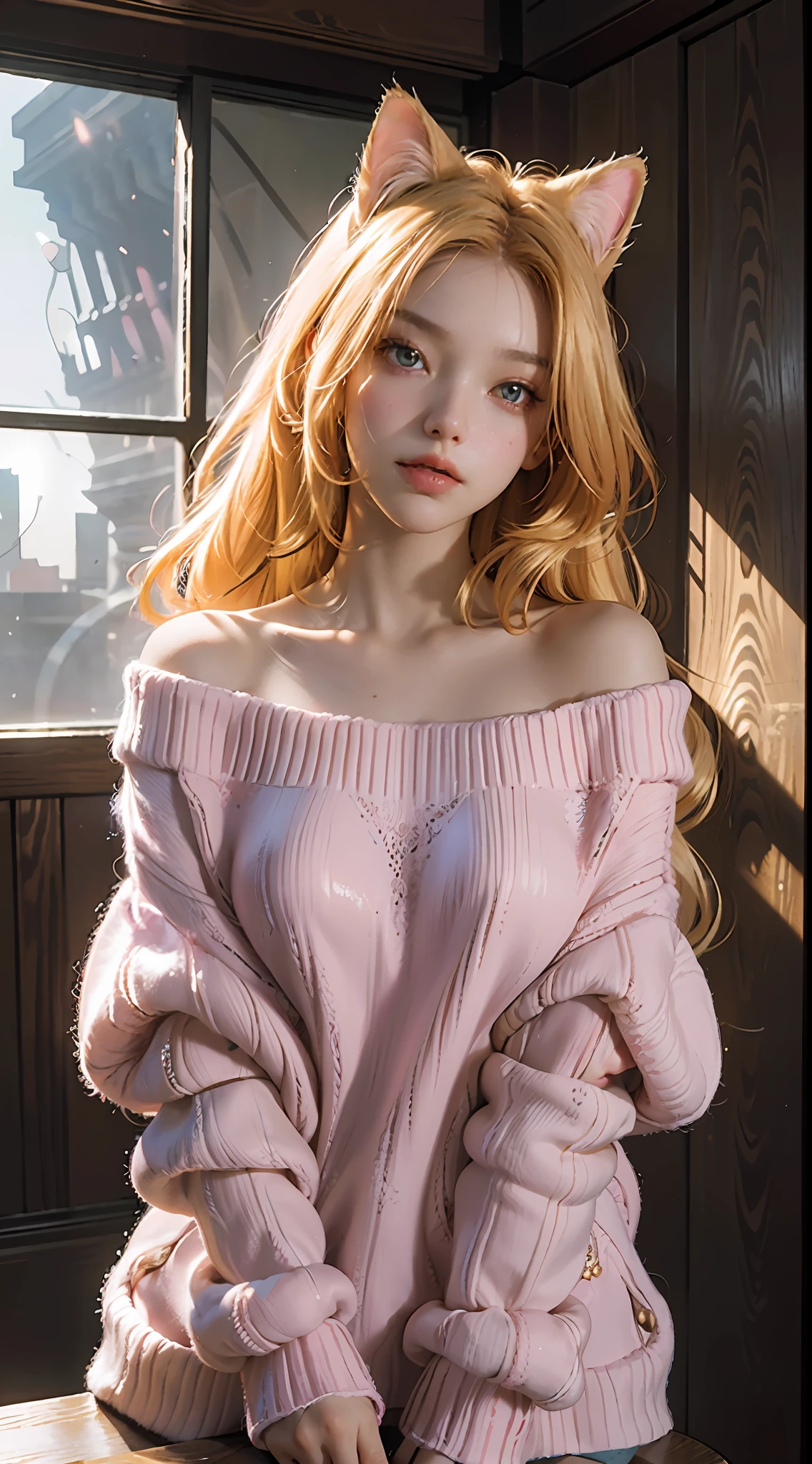 Best Quality, Masterpiece, Ultra High Resolution, (Realisticity: 1.4), Original Photo, 1Girl, Cinematic Lighting, Indoor, Pink Off-the-Shoulder Sweater, Sunlight, Tyndall Effect, Cat Ear Headdress, Long Yellow Hair, Big Cute Eyes, Flowers, Extreme Light and Shadow,