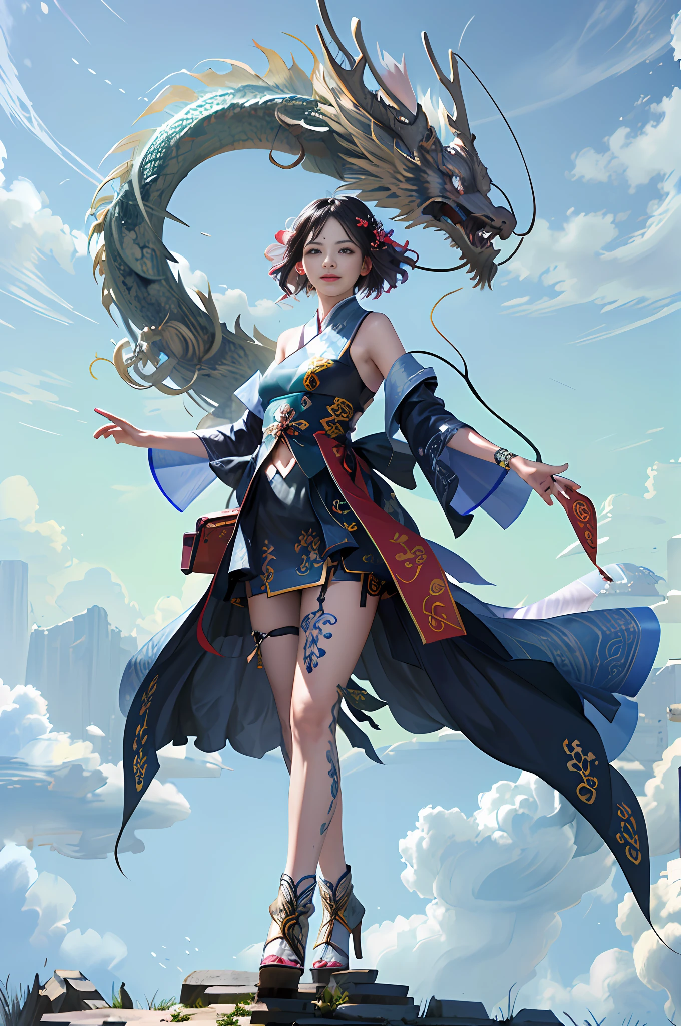 Official Art, Unified 8K Wallpapers, Ultra Detailed, Beautiful and Aesthetic, Masterpiece, Best Quality, (Zentangle, Tangle, Entangle), (fractal art: 1.4), (character center: 1.3), 1girl, black hair, Chinese, off-the-shoulders, short skirt, calf, navel, very detailed, dynamic angle, cowboyshot, (most beautiful form of chaos), ethereal, (bright colors), oc, (half: 1.2), china, (thangka flying sky: 1.5), (ribbon: 1.3), (dream: 1.5), (hanfu: 1.5), Chinese dragon, Chinese phoenix, (smile: 0.5), ( Chinese deities),