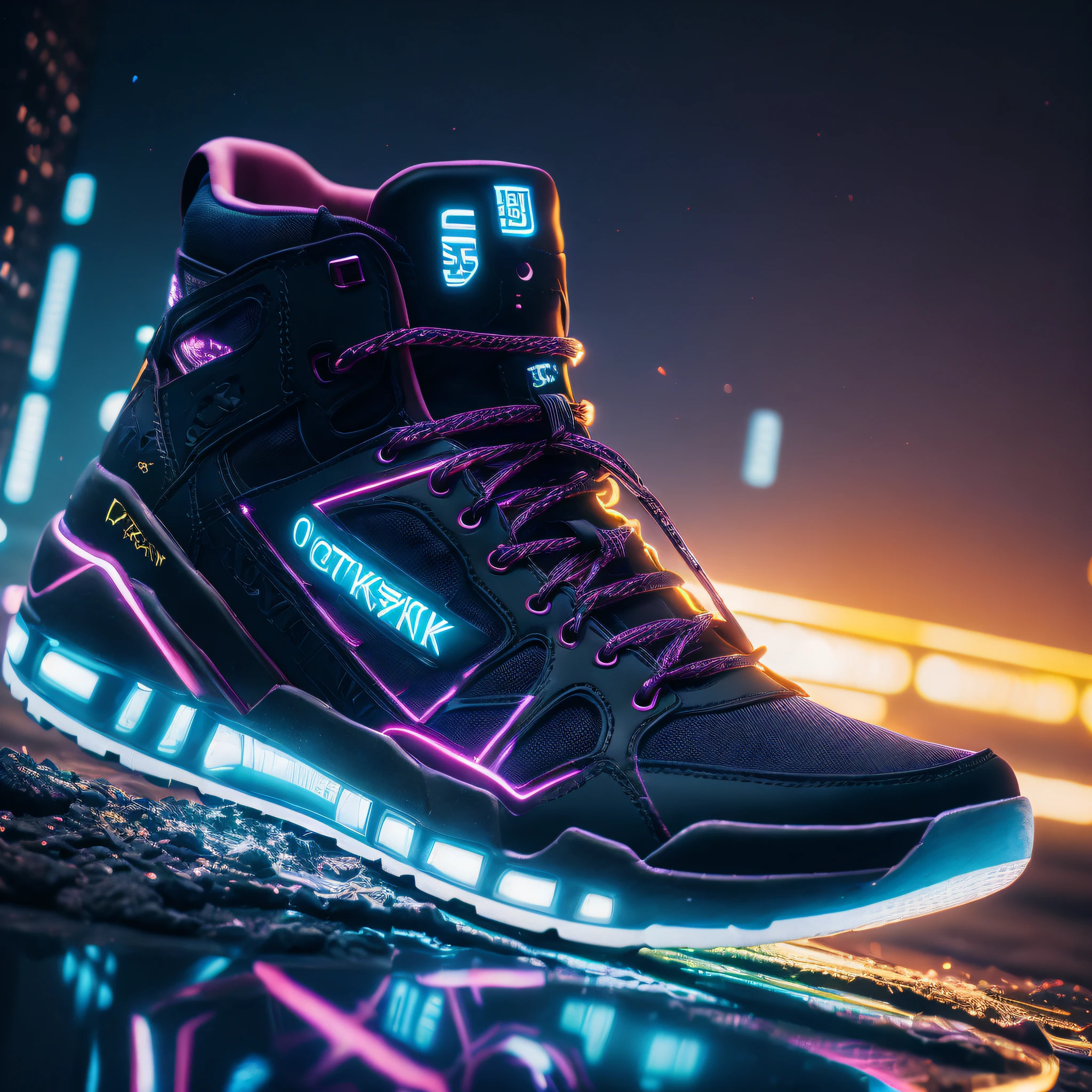 Product Photography of Cyberpunk Sneakers, Epic Rendering, Octane, Atmosphere, Particles, Soft Volumetric Light, (Backlight: 1.3), (Film: 1.3), Intricate Details, (ArtStation: 1.3)