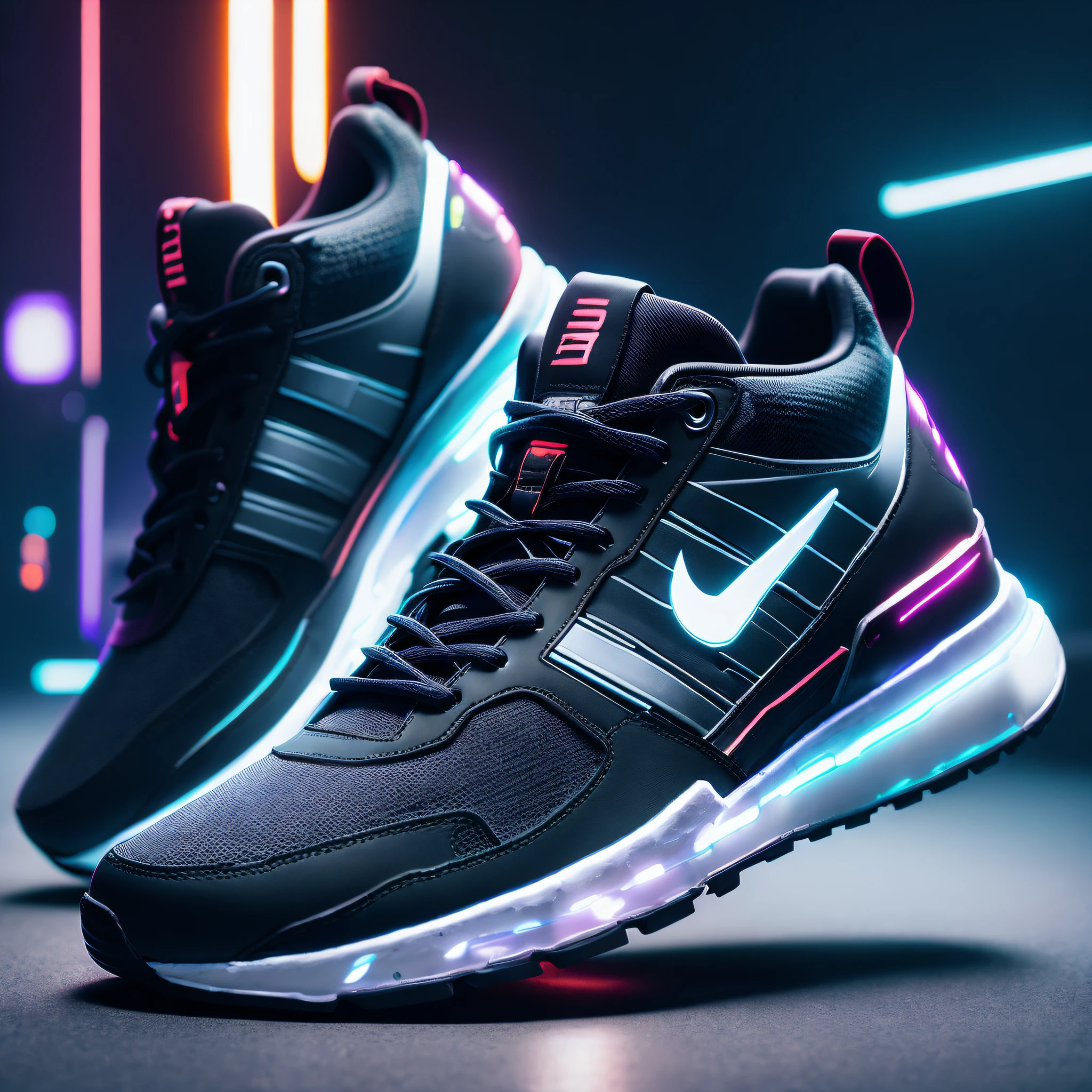Product Photography of Cyberpunk Sneakers, Epic Rendering, Octane, Atmosphere, Particles, Soft Volumetric Light, (Backlight: 1.3), (Film: 1.3), Intricate Details, (ArtStation: 1.3)