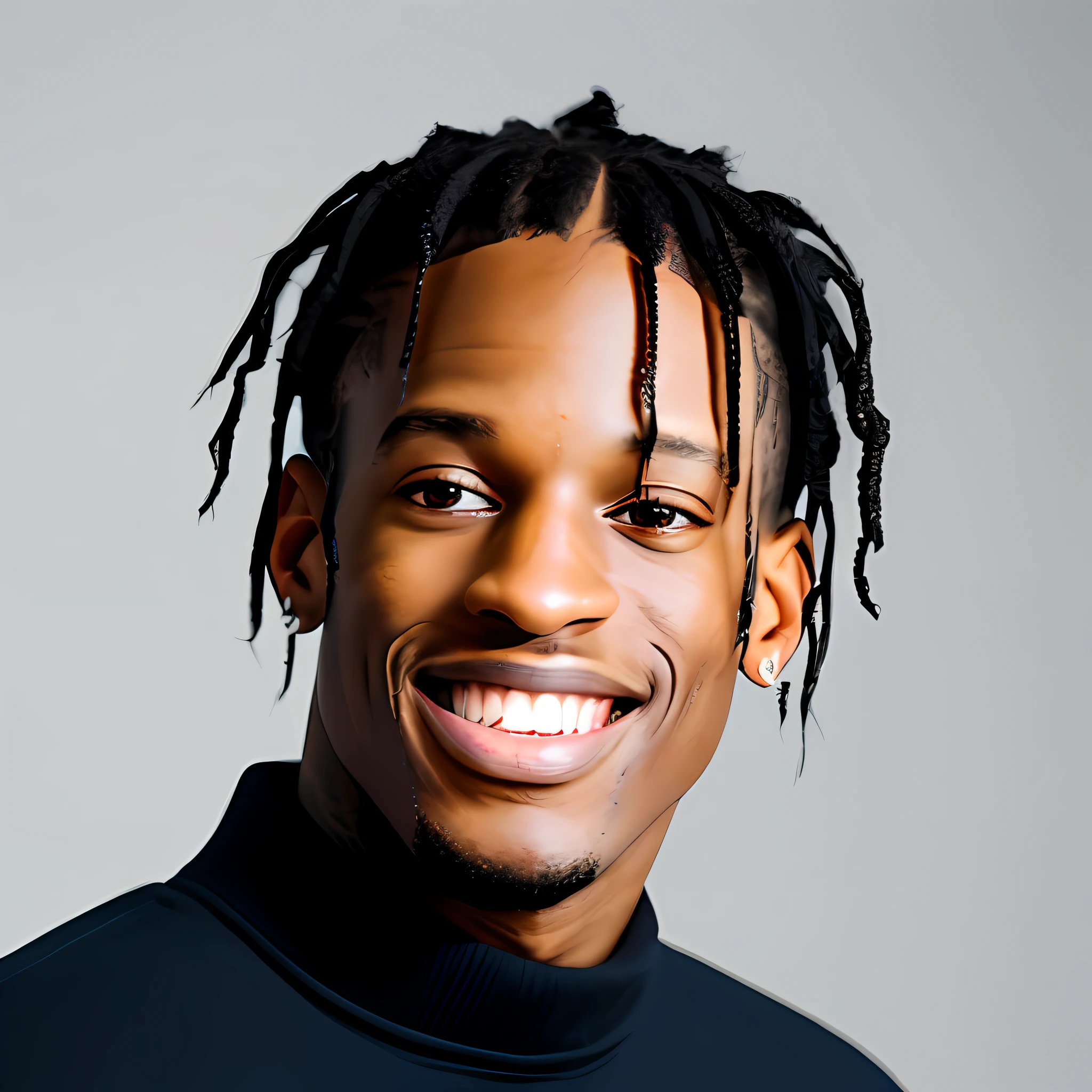 Travis Scott, small head, smile, bright smile, teeth, has personality, background is gradient, stage lighting, original simulation style, charming gaze, charming expression. The background should be neutral and simple, pay close attention to details such as highlights and shadows on his face and hair to create a realistic and realistic image. Try different lighting techniques to enhance the mood and atmosphere of your portrait. Highly Detailed Skin, Skin Detail, Sharp Focus, Volumetric Fog, 8K UHD, SLR, High Quality, Film Grain, Fujifilm XT3, (Best Quality: 1.4), (Masterpiece: 1.4), (Detail: 1.3), (Best Quality: 1.4), (Masterpiece: 1.4), (Detail: 1.3), (Color Gradient Background: 1.5, Close Up: 1.5), (Realism: 1.4), (Best Quality: 1.0), (Super High Resolution: 1.0)
