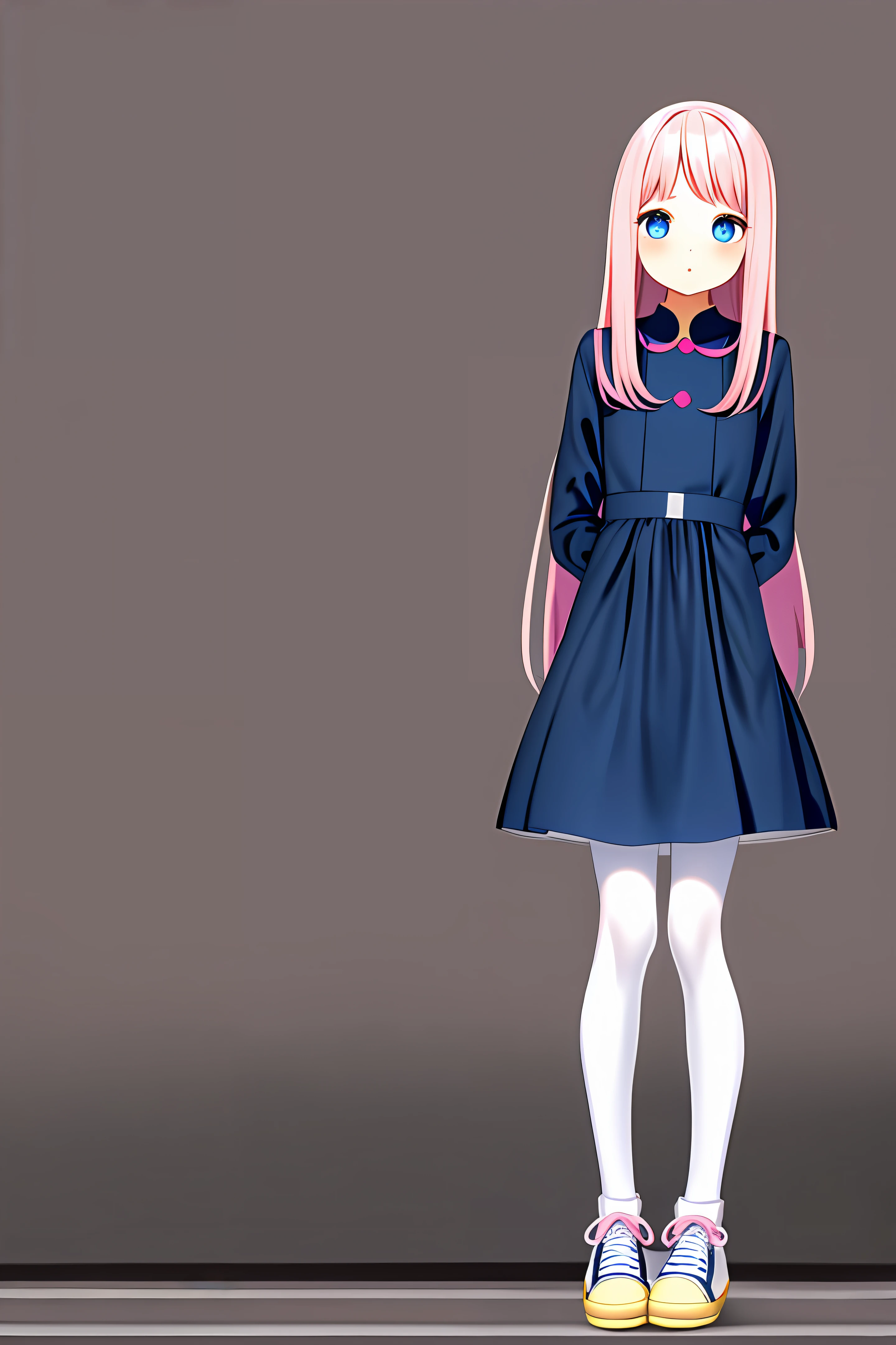 Child girl long pink hair, strong dark blue eyes, navy blue dress, white tights, yellow "doll" sneakers