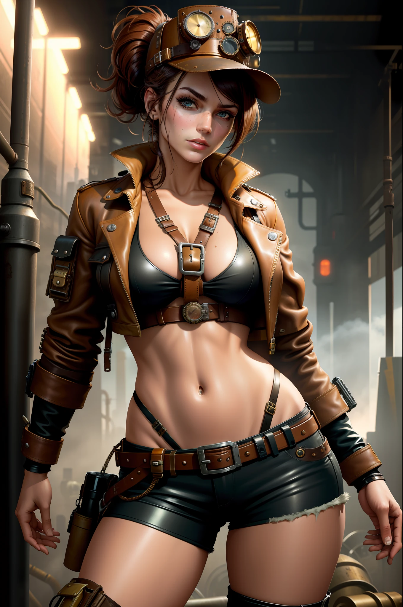 solo, masterpiece, best quality, perfect face, body shot of a steampunk mechanic girl wearing leather shorts, sexy, dirty skin, buckles and straps, dirty metal, dystopian, dreary, apocalyptic, foggy, mechanical, industrial factory, (steampunk:1.2), intricate, busy