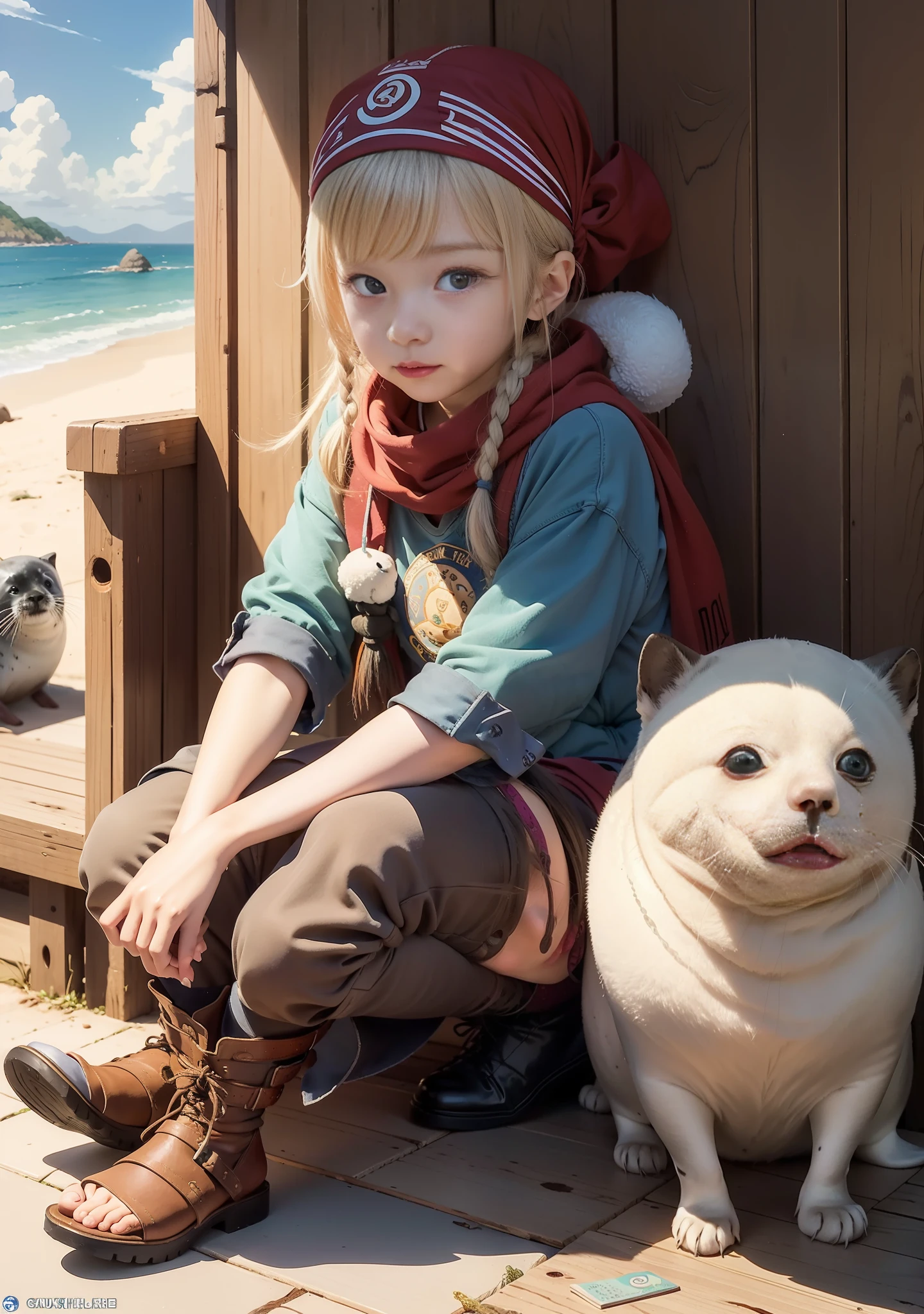 a cartoon seal with a bandana around its neck, concept art by Kishi Ganku, pixiv, shin hanga, ivan seal, shirabii, safebooru anime image, yuruyuri, the seal of fortune, official art, marin kitagawa fanart, awwwww, shuushuu anime image, gelbooru anime image, official illustration