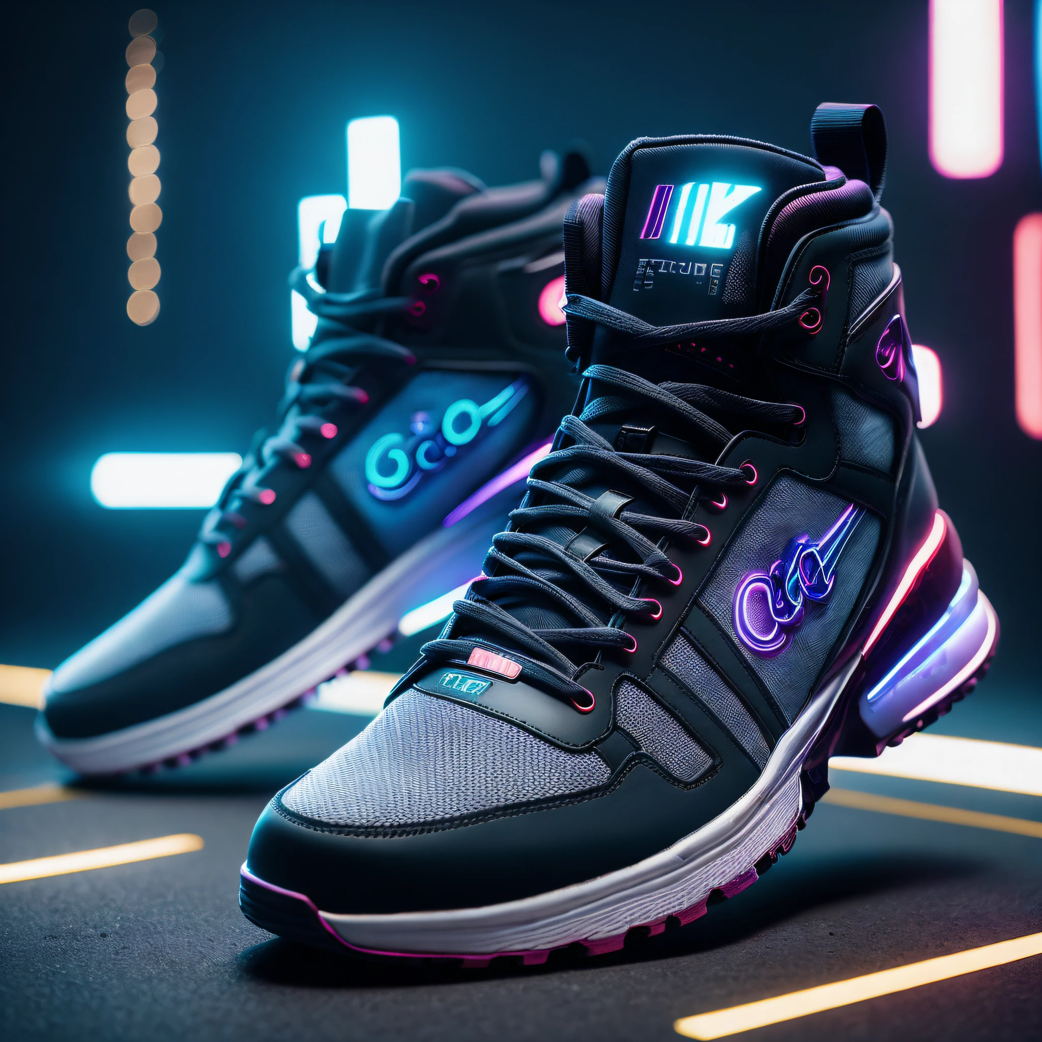 Product Photography of Cyberpunk Sneakers, Epic Rendering, Octane, Atmosphere, Particles, Soft Volumetric Light, (Backlight: 1.3), (Film: 1.3), Intricate Details, (ArtStation: 1.3)
