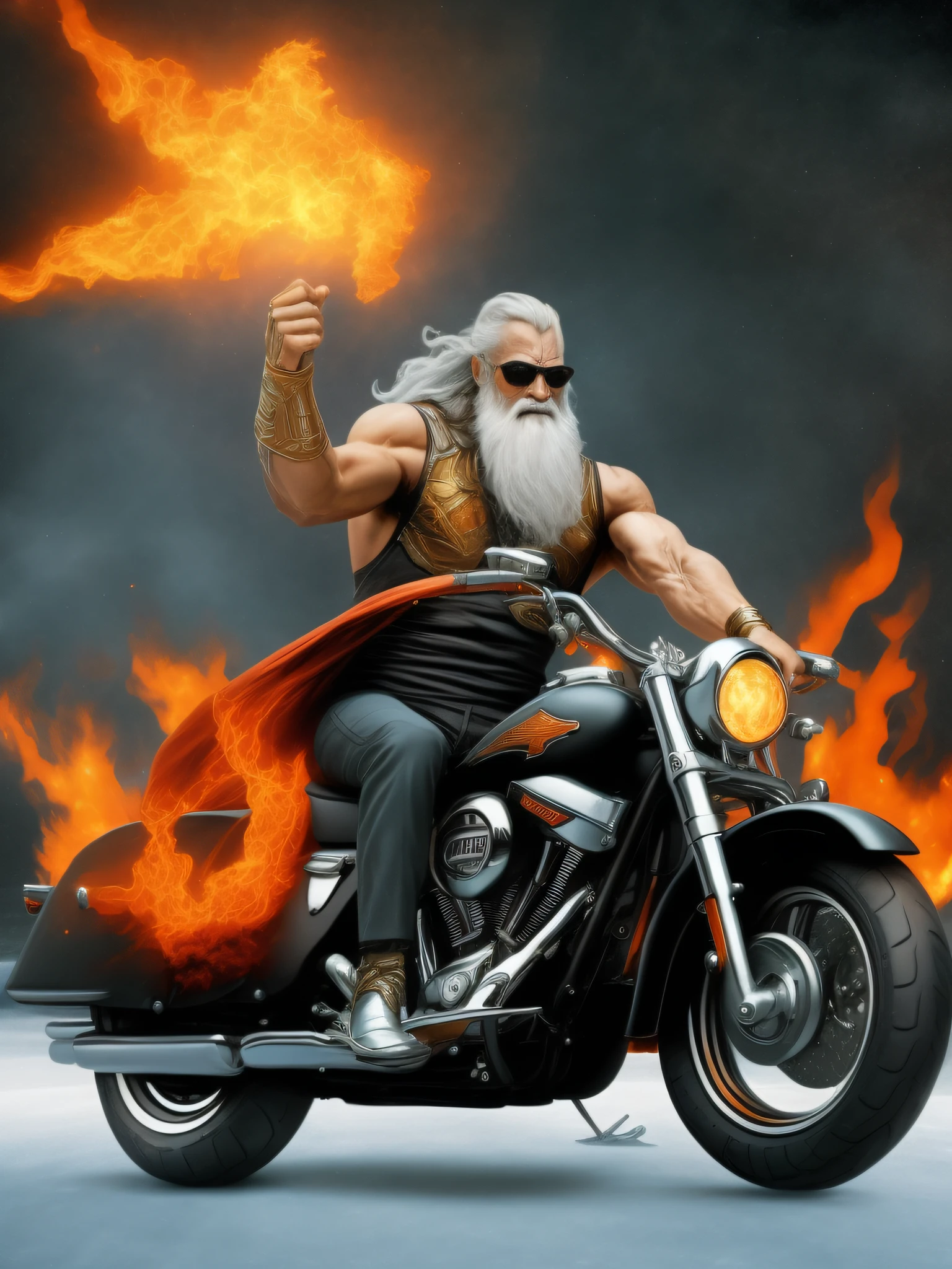 God Zeus in a heroic pose, guiding an escape route on the legendary Harley-Davidson motorcycle in an epic fantasy setting, with effects of blazing flames and apocalyptic disasters in the background.