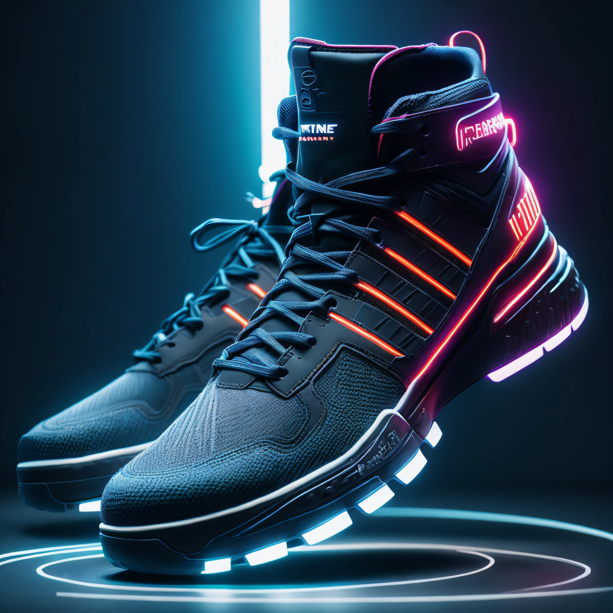 Product Photography of Cyberpunk Sneakers, Epic Rendering, Octane, Atmosphere, Particles, Soft Volumetric Light, (Backlight: 1.3), (Film: 1.3), Intricate Details, (ArtStation: 1.3)