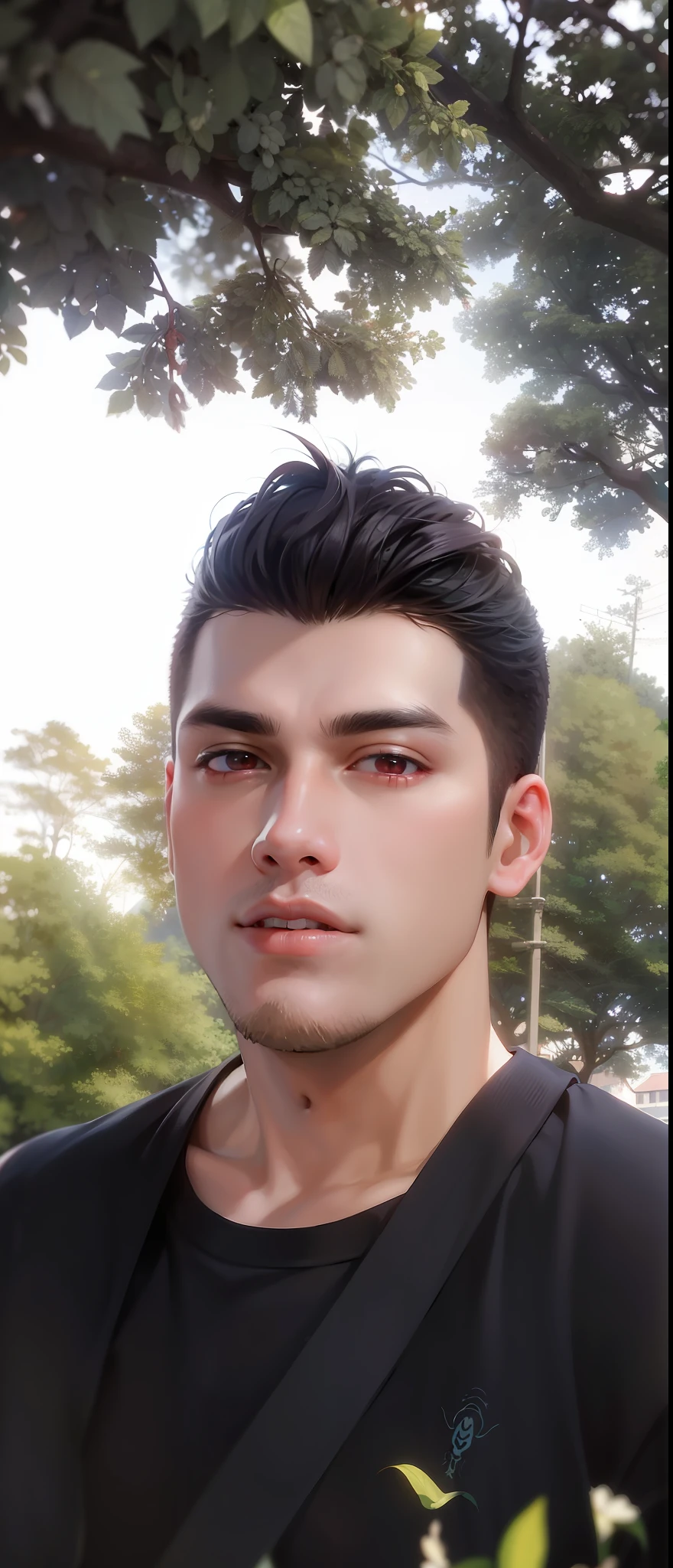 (masterpiece, best quality:1.2), solo, male focus, 1boy, expressionless, looking at viewer, squatting, short hair, (streaked hair:1.1), red eyes, spider suit, spider web print, spider web, rooftop