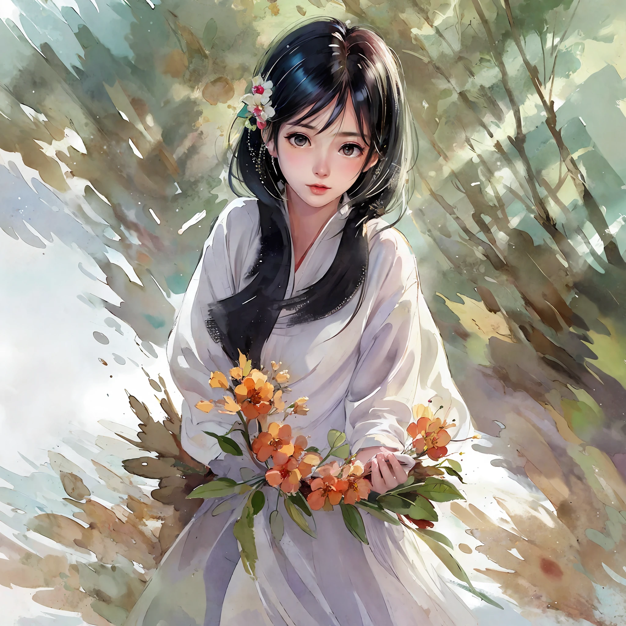 stechu,(white background:1.4), ((tachi-e)), original,(illustration:1.1),(best quality),(masterpiece:1.1),(extremely detailed CG unity 8k wallpaper:1.1), (colorful:0.9),(panorama shot:1.4),(solo:1.2), (ink splashing),(color splashing),((watercolor)), clear sharp focus,{ 1girl standing },((korean style )),flower background,outdoors,rocks, looking at viewer, make happy expressions,soft smile,pure,beautyfull detailed face and eyes,beautyfull intricacy clothing decorative pattern details, black hair,black eyes,colorwater