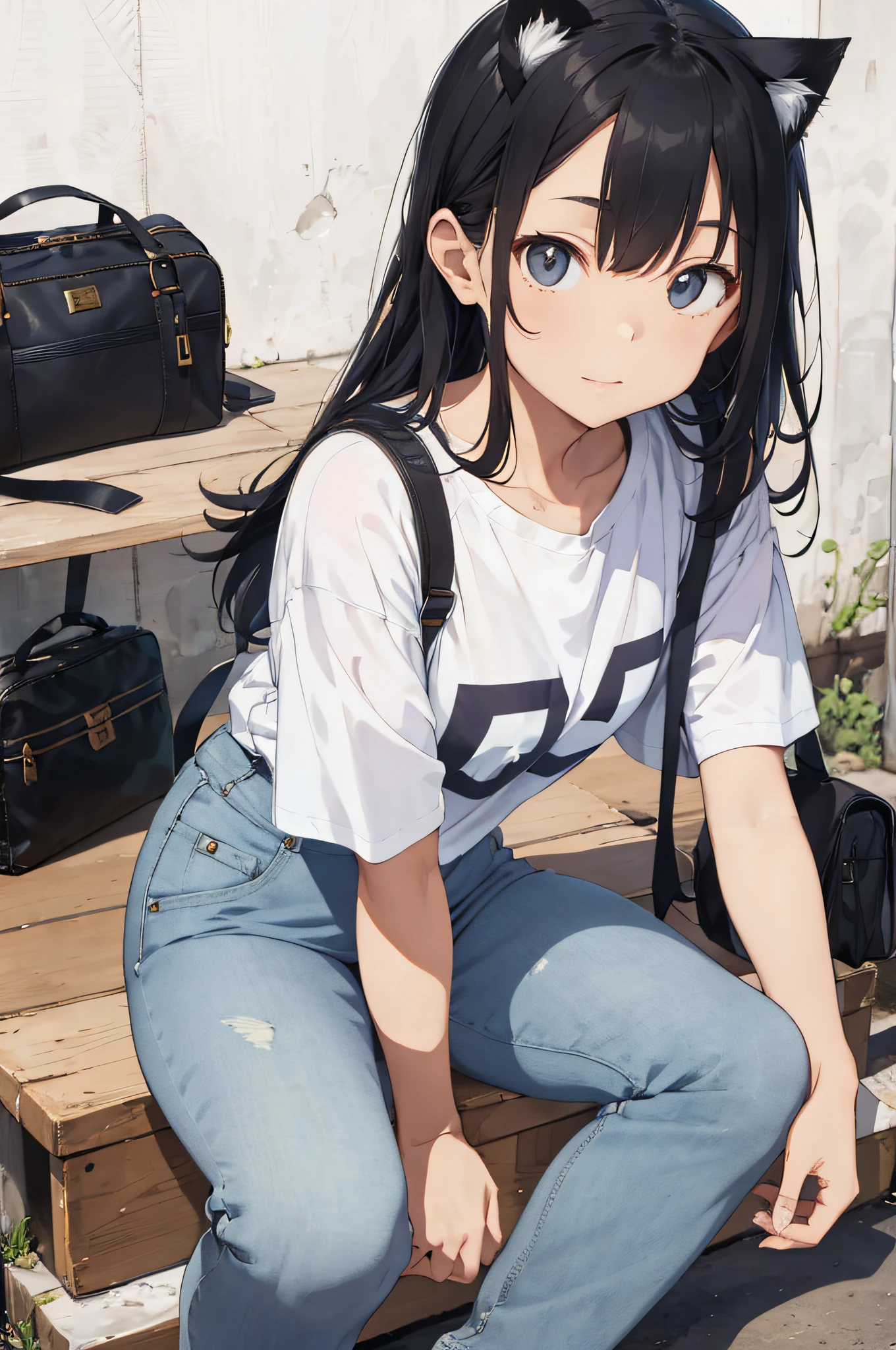 Cat-eared woman alafe woman sitting on floor with legs crossed and bag in background, simple style, simple clothes, jeans and t-shirt, casual clothing style, cute shirt and jeans, streetwear, Japan streetwear, white trendy clothes, cute casual streetwear, various poses, advertising images, casual clothes, ThisSet Style, Yasutomo Oka 2