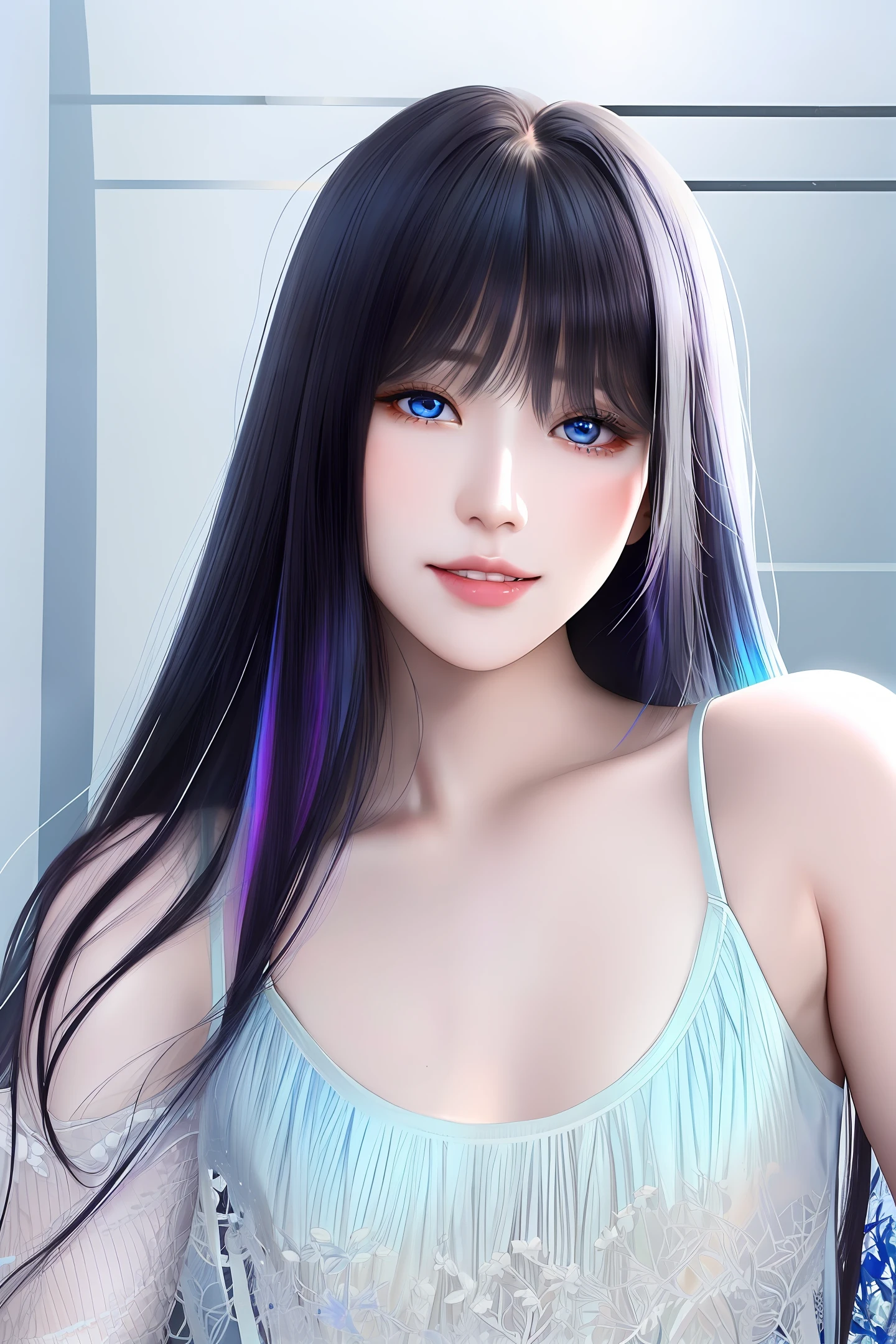a beautiful detailed girl , extremely delicate and beautiful girls, realistic, Beautiful detailed girl, flat chest, girl,woman,female, young,20 years old, medium hair, long bangs, black hair, gradient hair, Iridescence and rainbow hair, Authentic and detailed face, seductive smile, blue eyes, white skin,