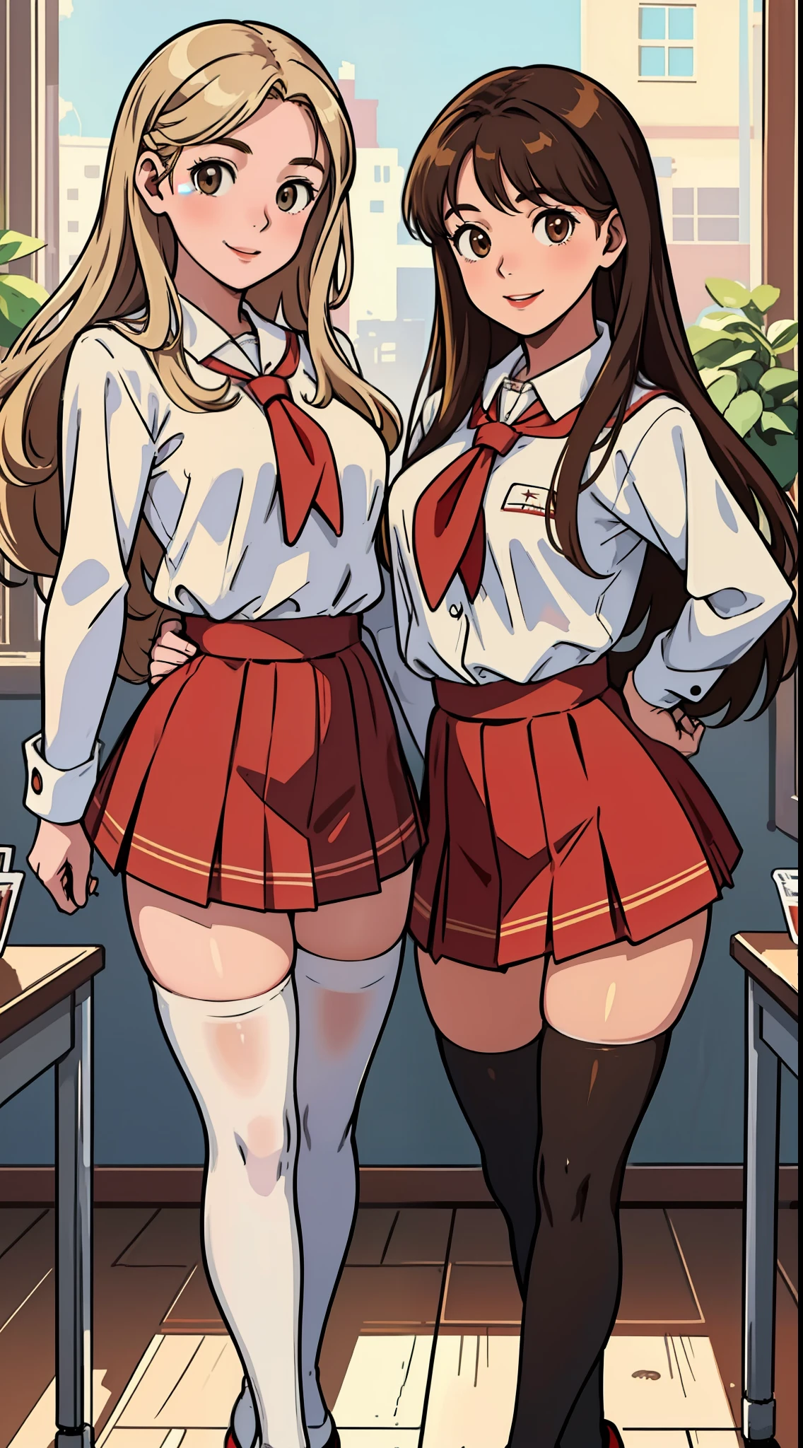 perfect anime illustration, masterpiece, teenage girls, medium breasts, 2girls, (((1 blonde girl, 1 brown haired girl))), same age sisters, rich sexy schoolgirls, brown hair, blonde hair, curly hair, long hair, different hair colors, hazel eyes, smiling, white skin, (((red school uniform, white thigh high socks, black high heels))), matching outfits, highres, classroom, full body, posing