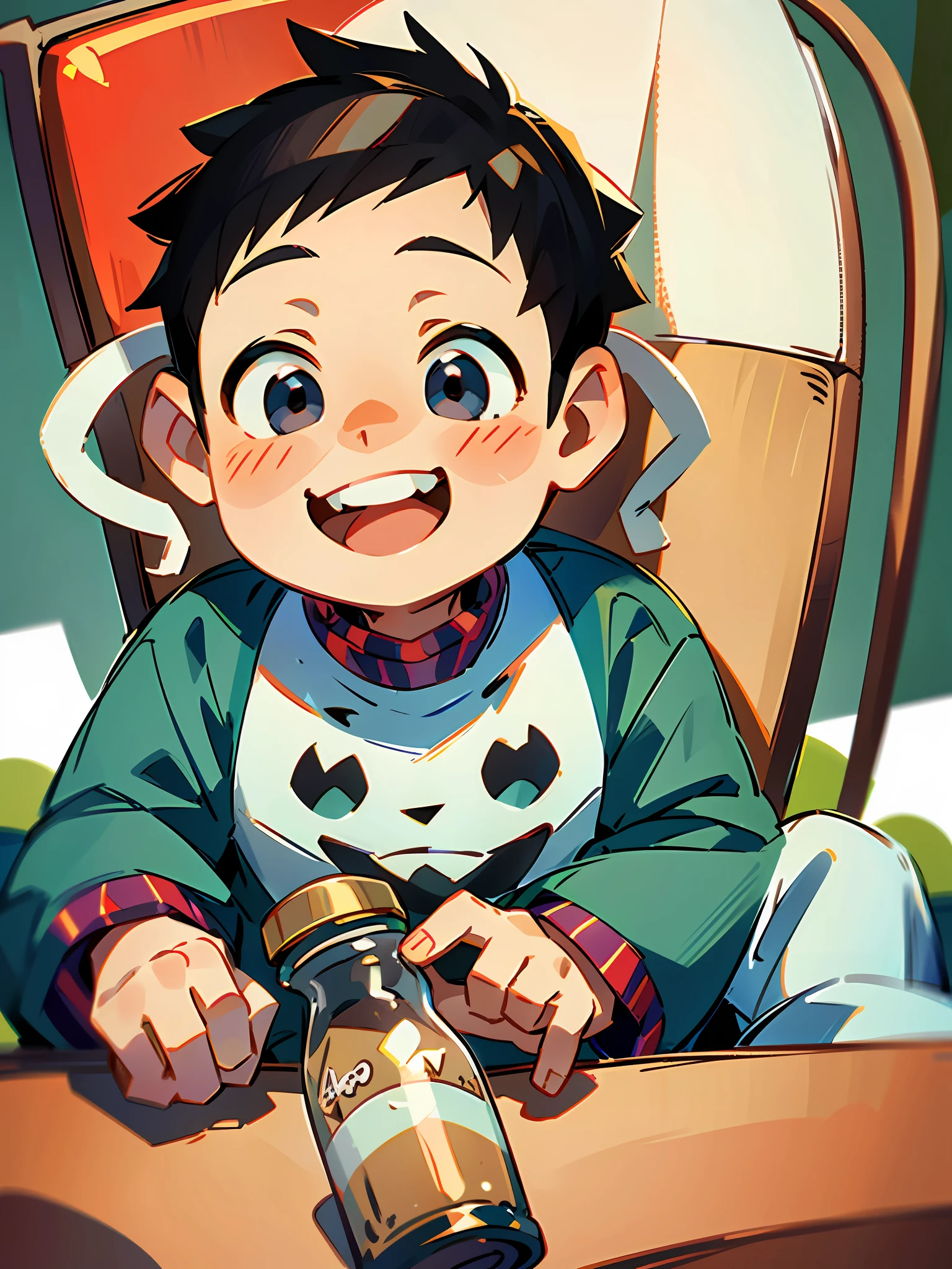 There is a baby boy sitting in a high chair with a milk bottle, black hair, innocent smile, happy mouth open, he is happy, happy child, innocent face, cute smile, charming smile, little smile, cute boy, very big smile, big smile, sweet smile, sitting on his high chair