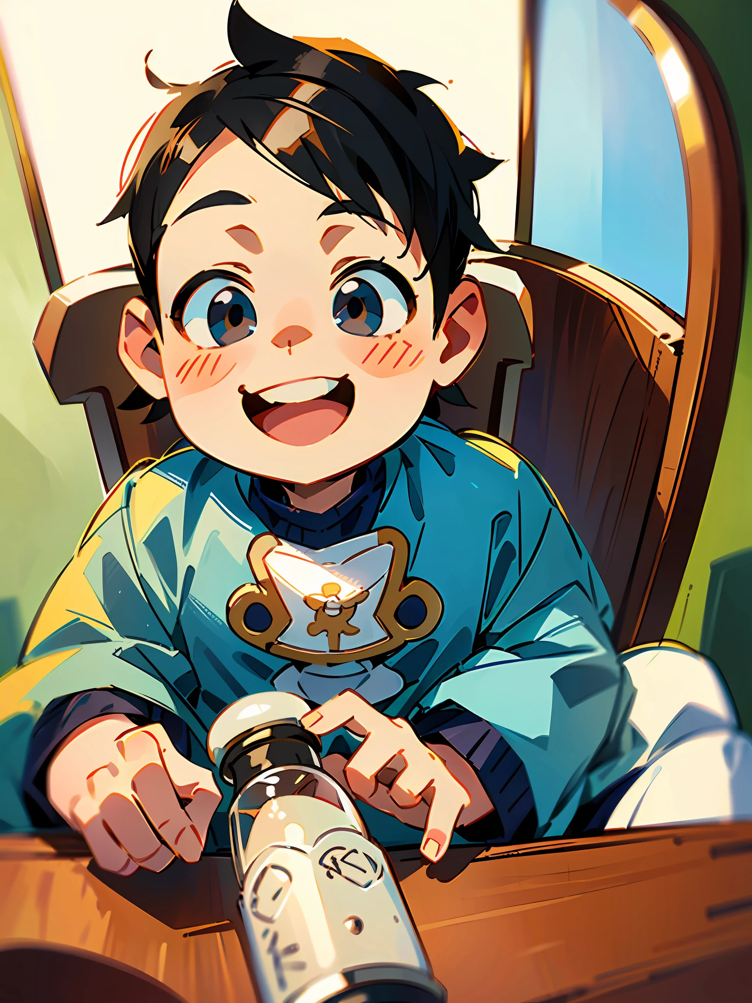 There is a baby boy sitting in a high chair with a milk bottle, black hair, innocent smile, happy mouth open, he is happy, happy child, innocent face, cute smile, charming smile, little smile, cute boy, very big smile, big smile, sweet smile, sitting on his high chair