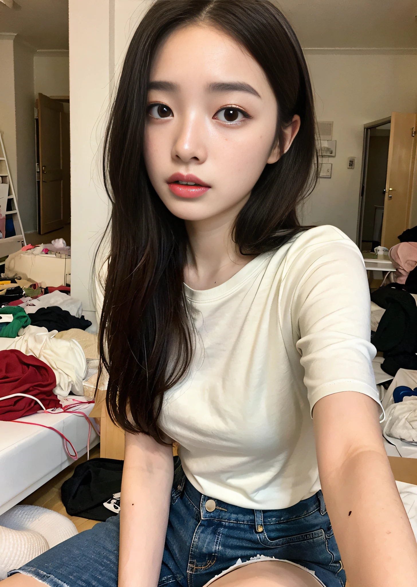 Super High Quality Photos, RAW Photos, Beautiful Detailed Faces and Eyes, (Photorealistic: 1.4), Best Quality, High Resolution, Realistic, 16k, Caustics, Core Shadows, Dynamic Lights, Beautiful and Delicate Lips, Delicate Fingers, Detailed Pupils, Real Human Skin, (Very Detailed), RAW Photos, NSFW, Panty Shots, Seated Woman, 25 Years Old, (Bangs: 1.2), Faint Lips, Cowboy shot, from below, (high contrast hair, half up hair: 1.36), water eye, (freckles, moles: 0.2), (spots, acne, blemishes, lanugo, acne, blood spots, blemishes, spots, : 0.2) (Main Street: 1.3), her calm expression and calm breathing create a calm atmosphere, creating a calm atmosphere, messy rooms, indoors, With the iPhone camera, watch viewers, POVs, and selfies to create a calm atmosphere. messy room, iphone camera, looking at viewer, pov, selfee,