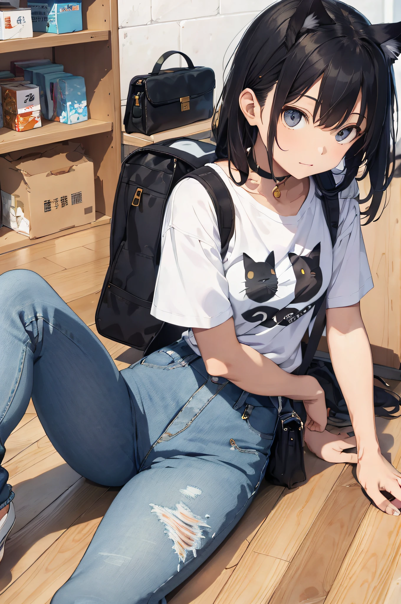 Cat-eared woman alafe woman sitting on floor with legs crossed and bag in background, simple style, simple clothes, jeans and t-shirt, casual clothing style, cute shirt and jeans, streetwear, Japan streetwear, white trendy clothes, cute casual streetwear, various poses, advertising images, casual clothes, ThisSet Style, Yasutomo Oka 2