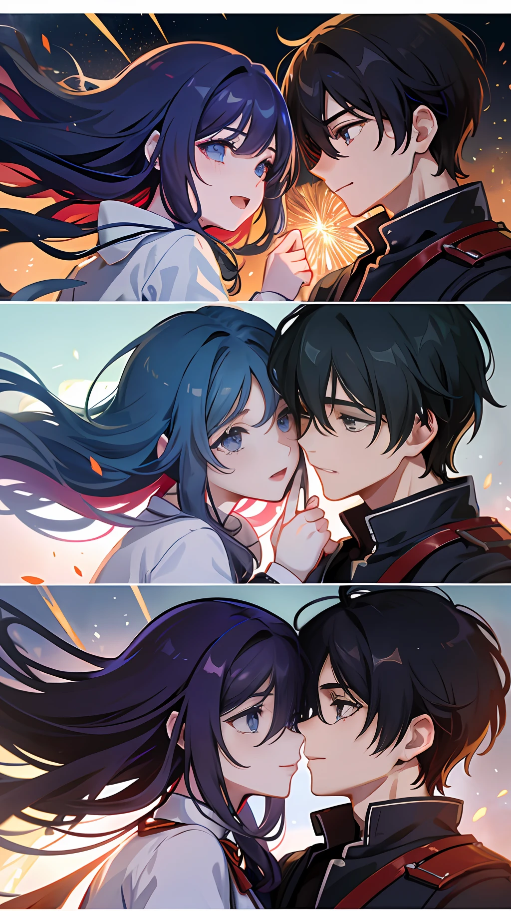 On the battlefield, young men and women are in the midst of fire. They hugged each other tightly, as if to integrate each other into their bodies. They kept exchanging glances and silently saying goodbye to each other. On the battlefield filled with fireworks, they looked at each other affectionately, as if telling each other: "Don't forget me". The boy took the girl's hand and tried to keep her, but the girl smiled and gently pushed him away to let him go into the future. The boy's eyes filled with tears, while the girl looked at him with a smile as if to say to him: "We will see you again". The aura on the battlefield became more and more tense, and their figures gradually disappeared into the fireworks. (Masterpiece, 8K resolution, super detailed)