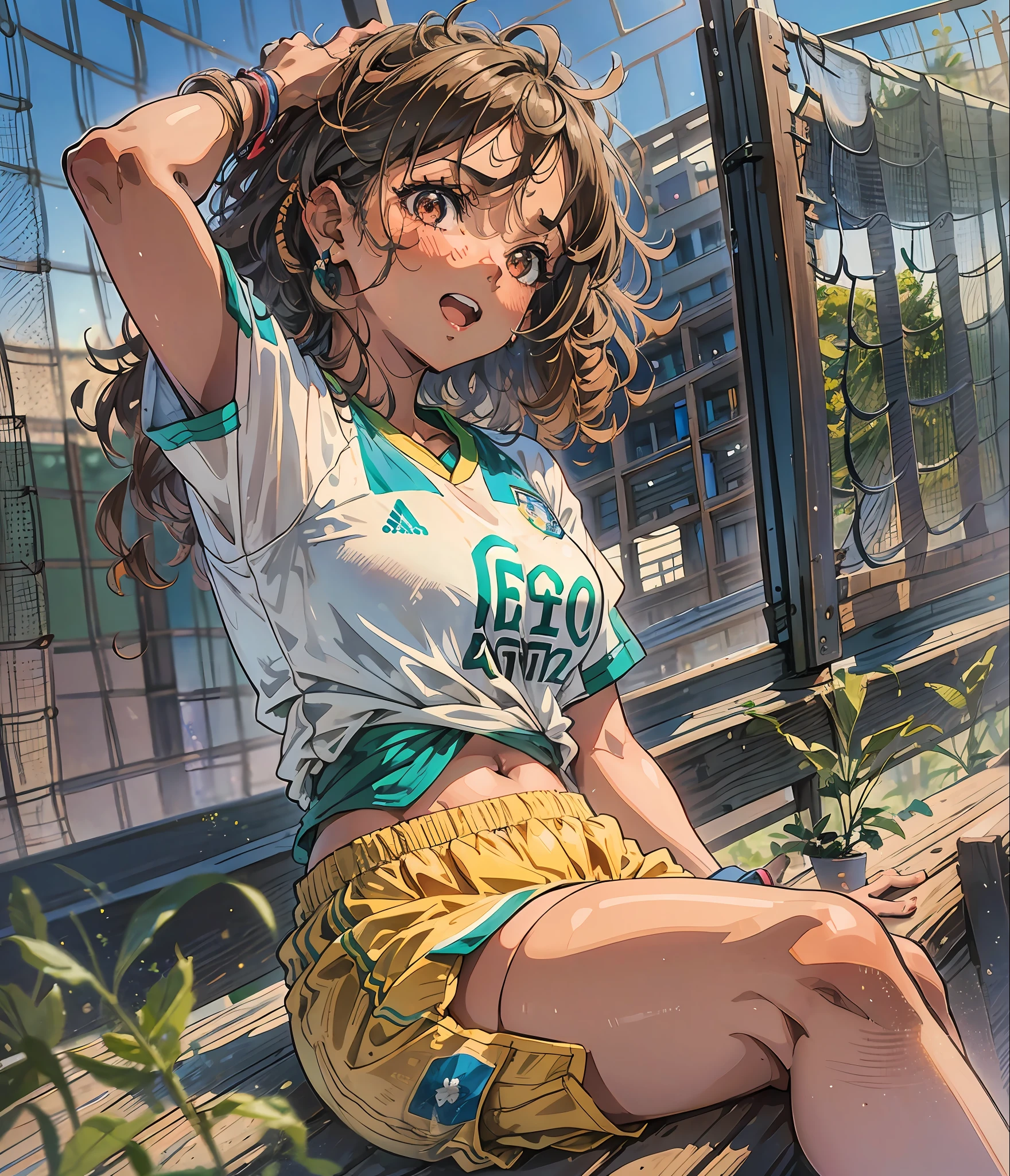 1girl, anime girl, beautiful face, latin american beauty, curly hair, tanned skin, ribbon marquee, sitting in the favela watching her friends playing soccer on a clay court, cheering, elegrez.favela, wearing a shirt of the brazilian soccer team, movie scene, cinematic environment, based in rio de janeiro, closeup small breasts- --auto --s2