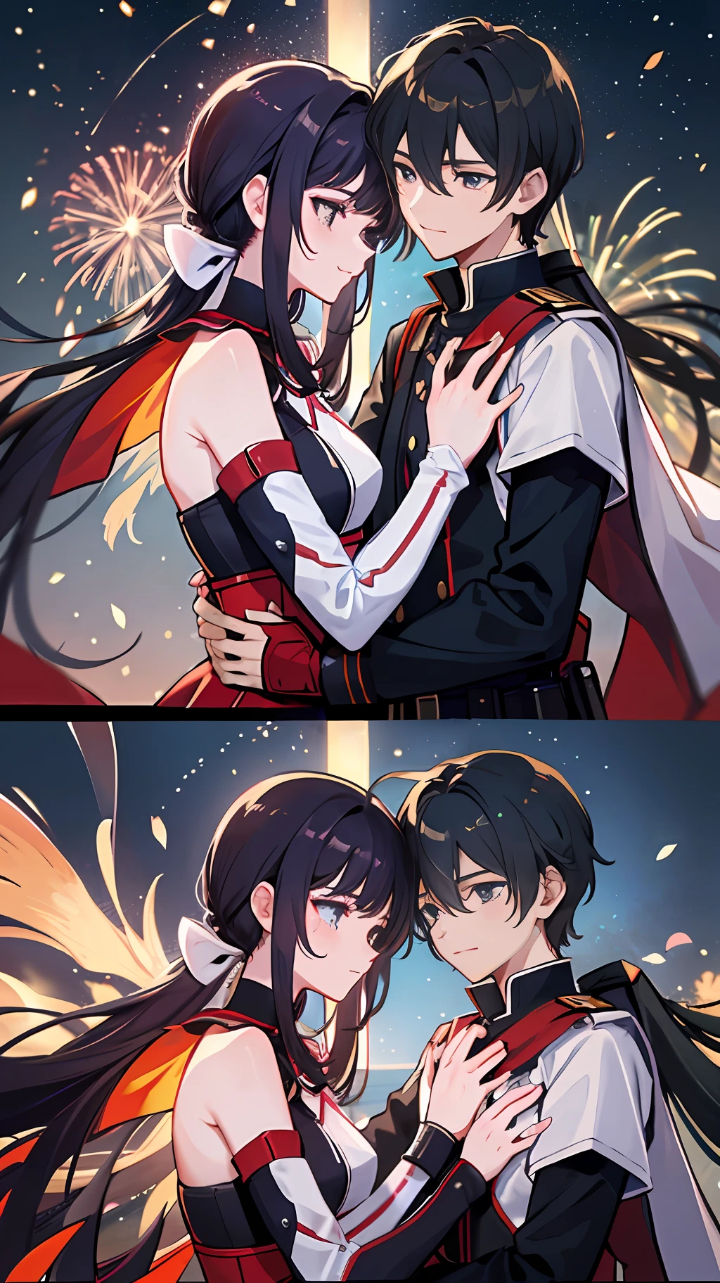 On the battlefield, young men and women are in the midst of fire. They hugged each other tightly, as if to integrate each other into their bodies. They kept exchanging glances and silently saying goodbye to each other. On the battlefield filled with fireworks, they looked at each other affectionately, as if telling each other: "Don't forget me". The boy took the girl's hand and tried to keep her, but the girl smiled and gently pushed him away to let him go into the future. The boy's eyes filled with tears, while the girl looked at him with a smile as if to say to him: "We will see you again". The aura on the battlefield became more and more tense, and their figures gradually disappeared into the fireworks. (Masterpiece, 8K resolution, super detailed)