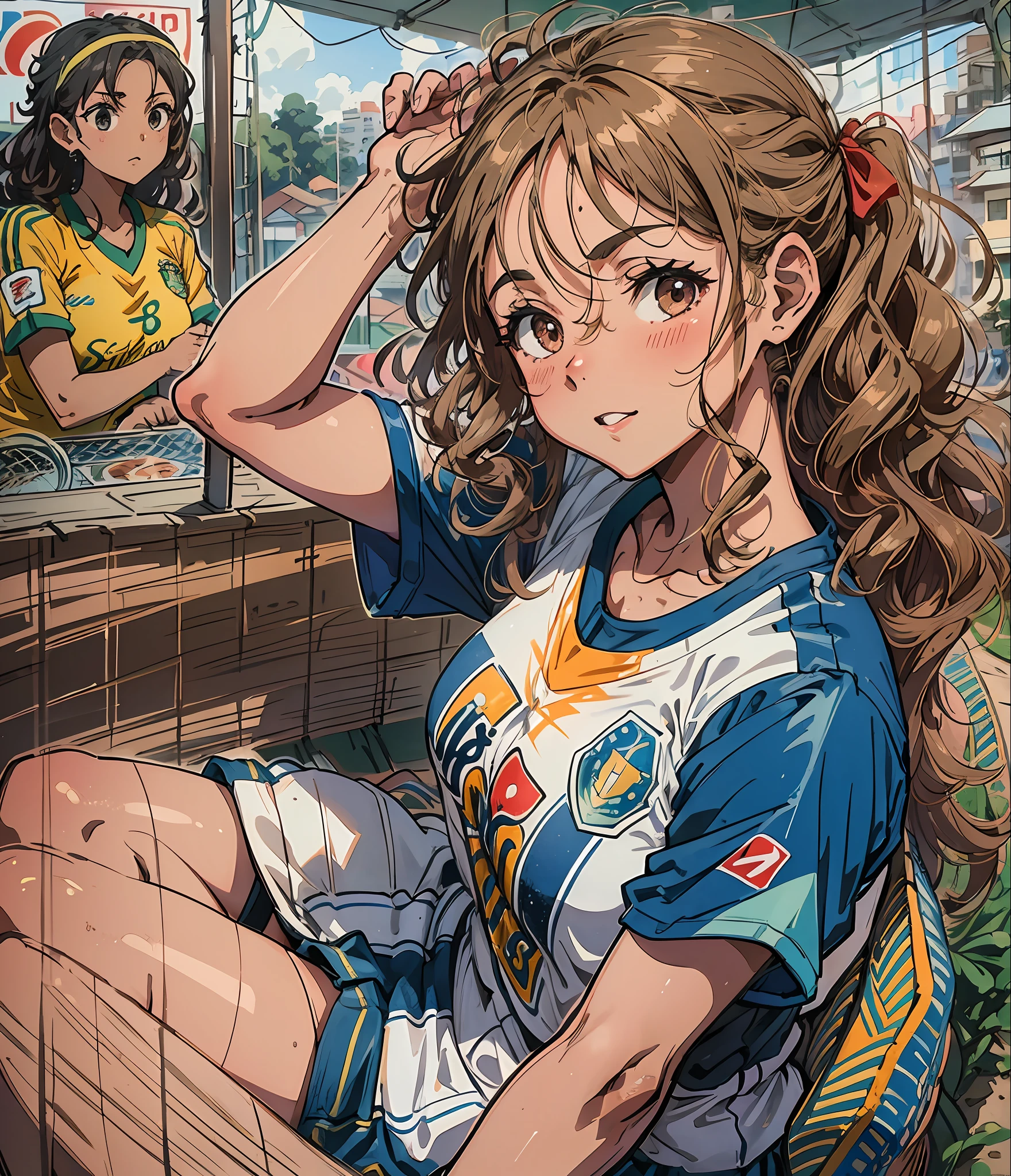 1girl, anime girl, beautiful face, latin american beauty, curly hair, tanned skin, ribbon marquee, sitting in the favela watching her friends playing soccer on a clay court, cheering, elegrez.favela, wearing a shirt of the brazilian soccer team, movie scene, cinematic environment, based in rio de janeiro, closeup small breasts- --auto --s2