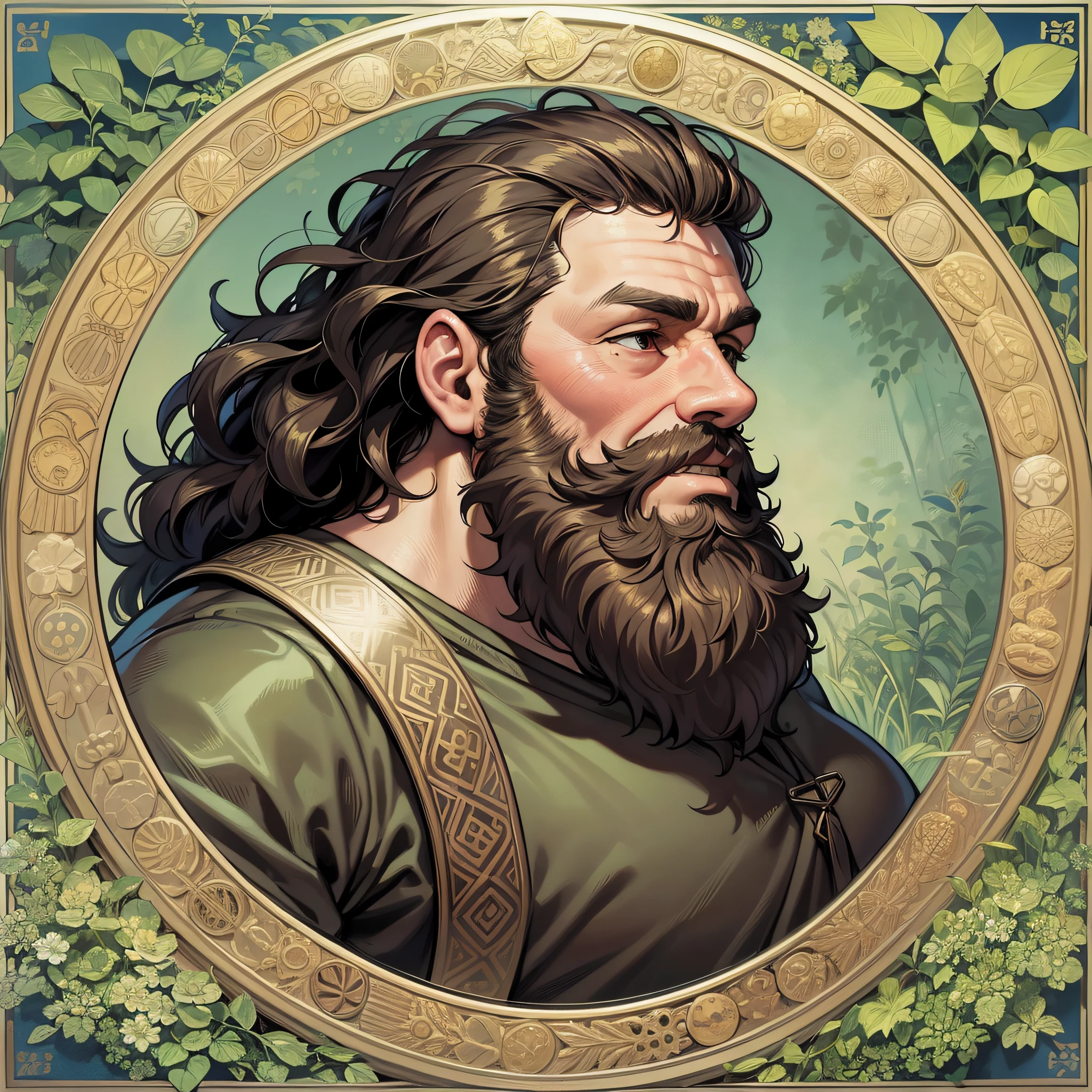 Portrait Rpg, Bronze Frame, Close-up, Race: Dwarf, Gender: Male, Age: 30 years, Eyes: Dark Brown; Skin color: Light skin, Hair: Curly brown, Physique: Fat complexion, Facial features: Leafy beard, Expression: Cheerful look, Equipment: Dwarf King clothing, Background: simple portrait with frame, Alphonse Mucha (Masterpiece, best quality, high: 1.4), detailed, intricate details, 4K, splashes of color, line art, fibonacci