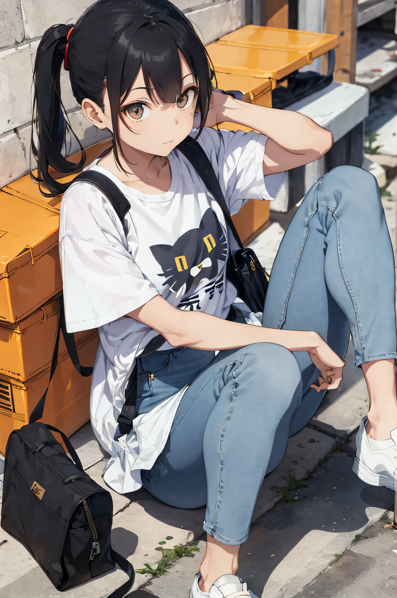 Cat-eared woman alafe woman sitting on floor with legs crossed and bag in background, simple style, simple clothes, jeans and t-shirt, casual clothing style, cute shirt and jeans, streetwear, Japan streetwear, white trendy clothes, cute casual streetwear, various poses, advertising images, casual clothes, ThisSet Style, Yasutomo Oka 2