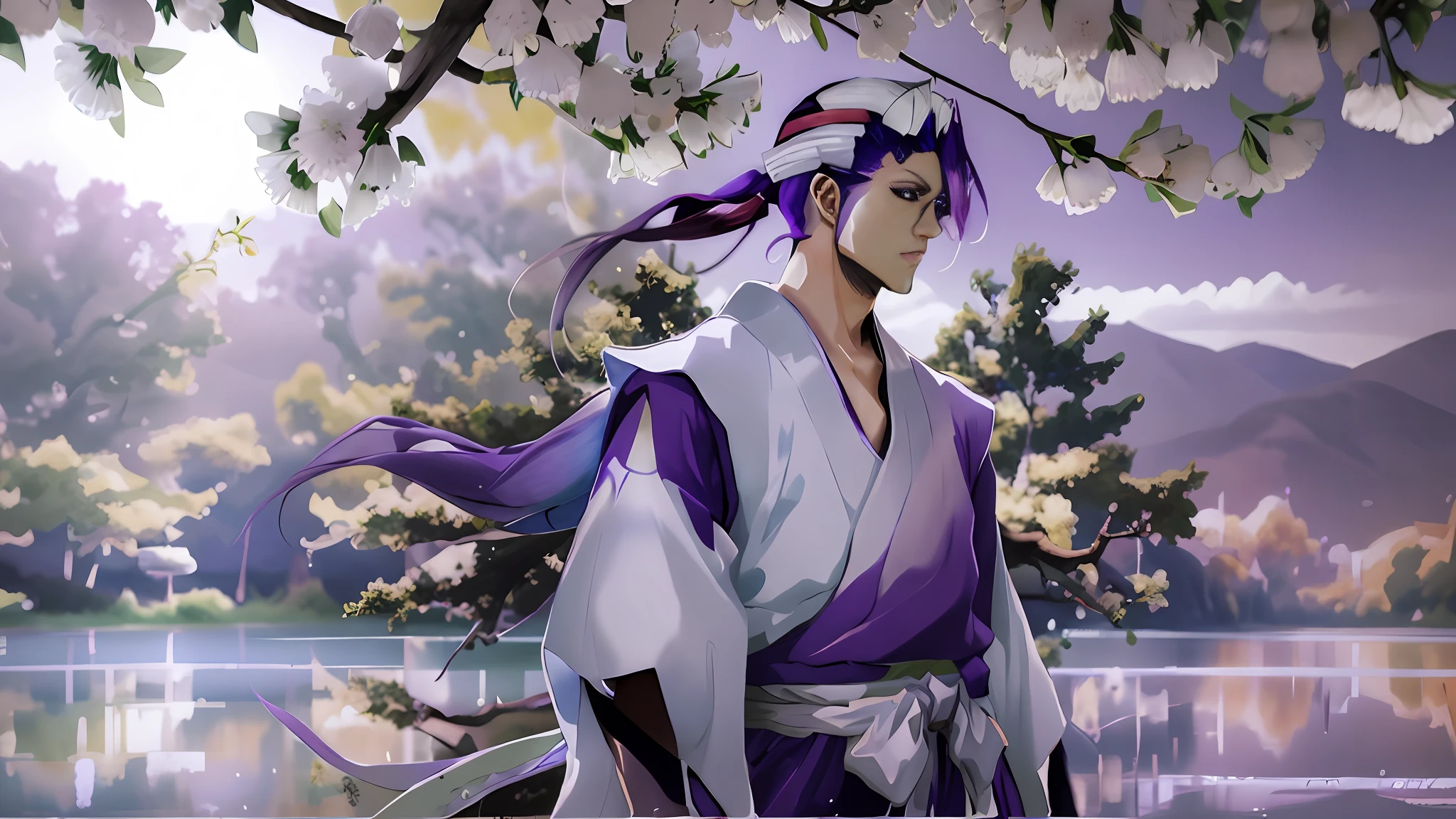 Anime character in white kimono and purple hair standing in front of a lake, cute guy in Demon Slayer art, 4K anime style